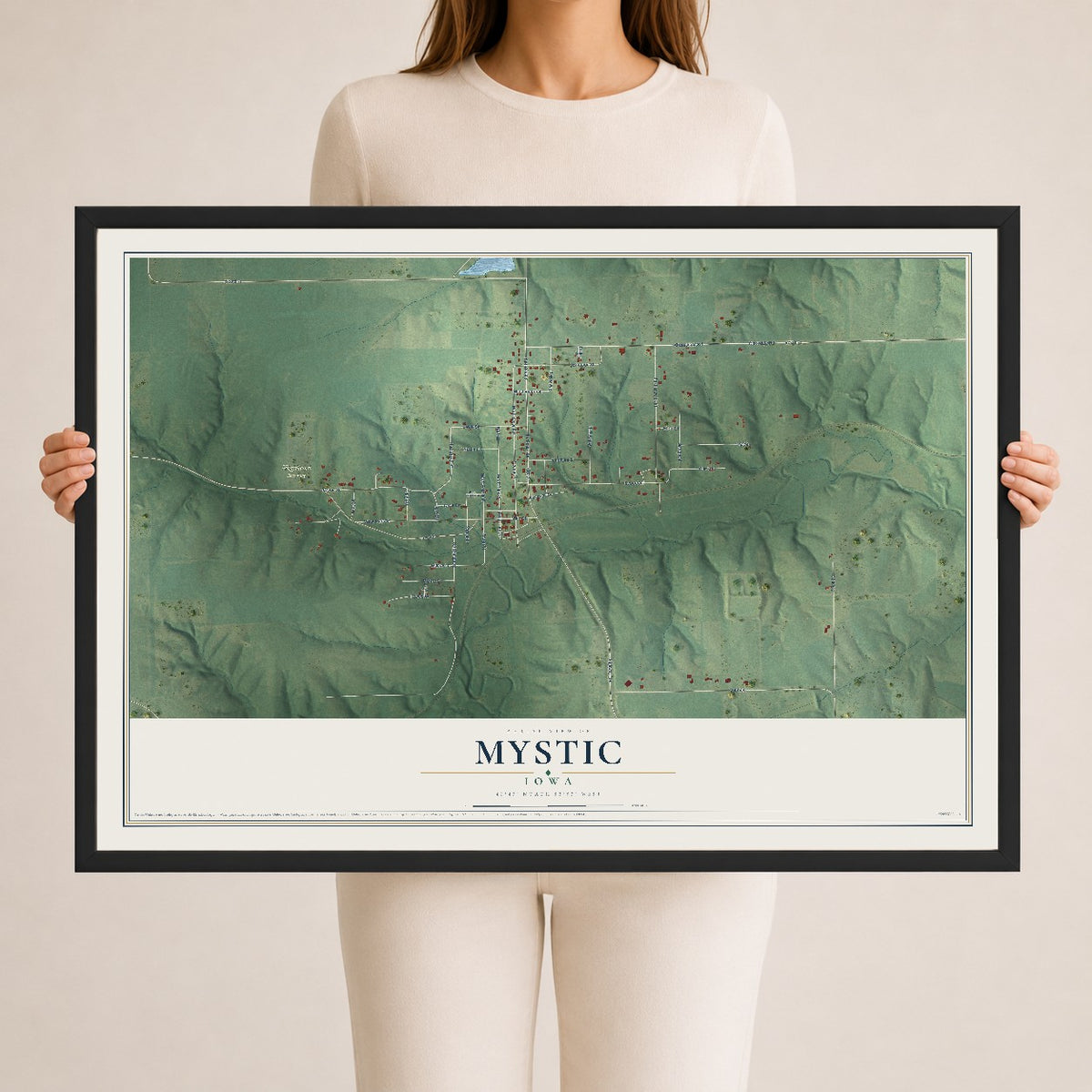Map of Mystic, Iowa, 24 x 36 inch print in a black wood frame
