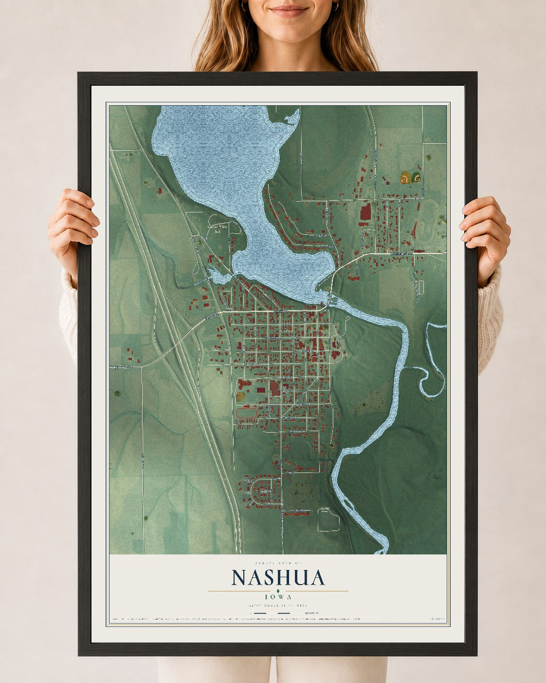 Map of Nashua, Iowa, 24 x 36 inch print in a black wood frame