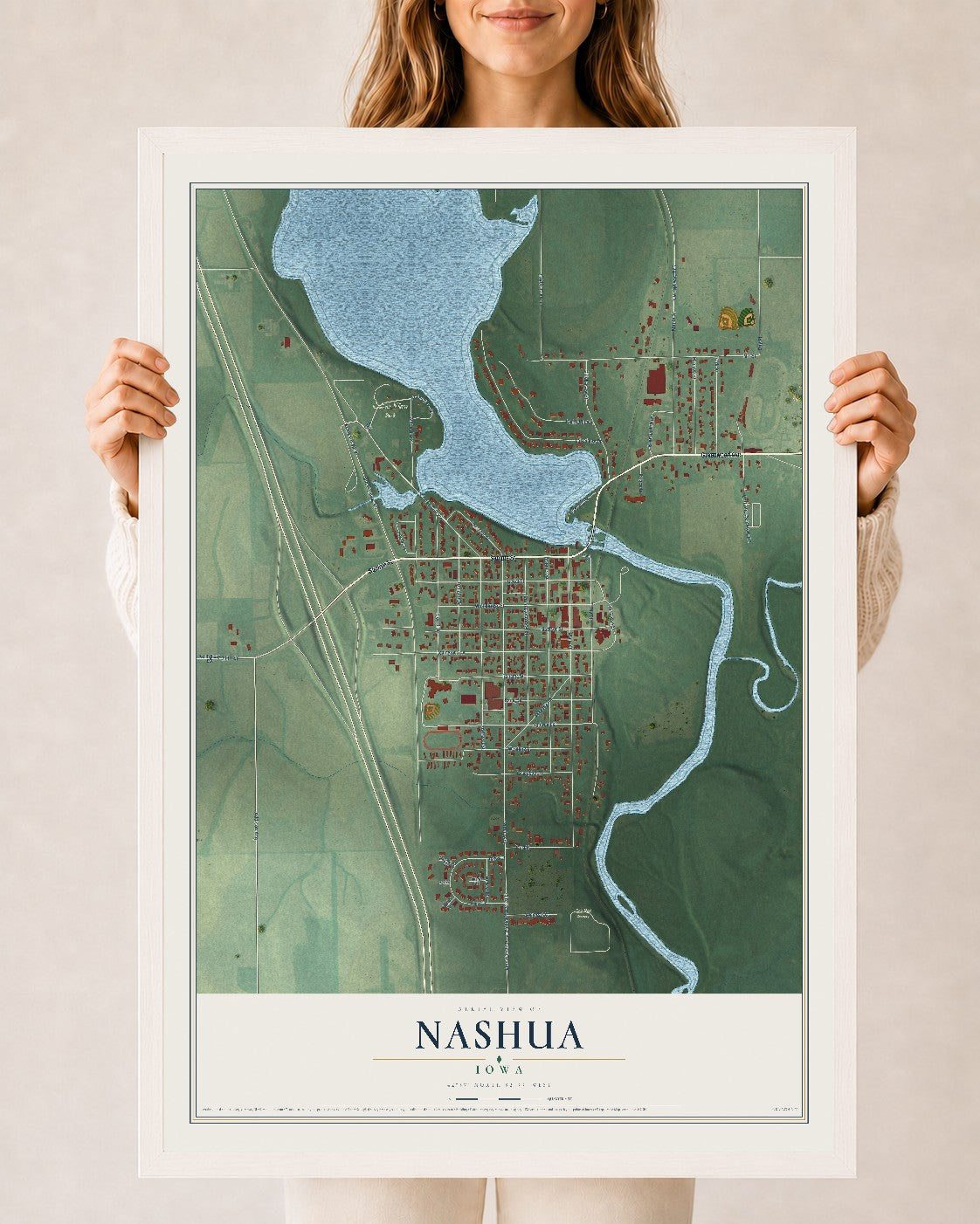 Map of Nashua, Iowa, 24 x 36 inch print in a white wood frame