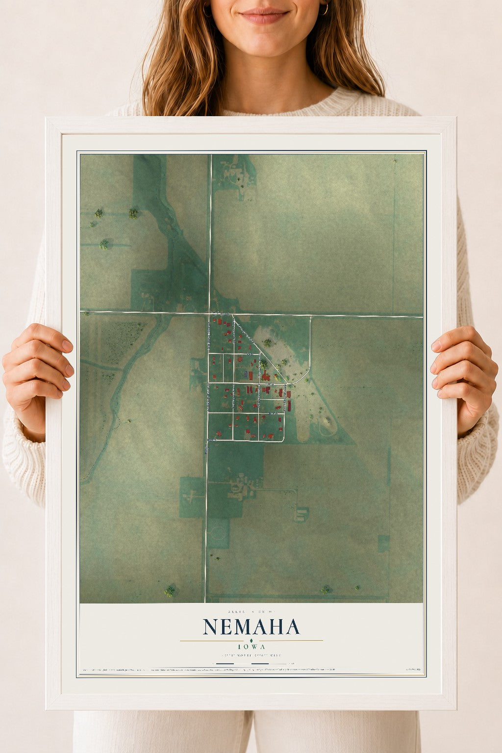 Map of Nemaha, Iowa, 18 x 24 inch print in a white wood frame