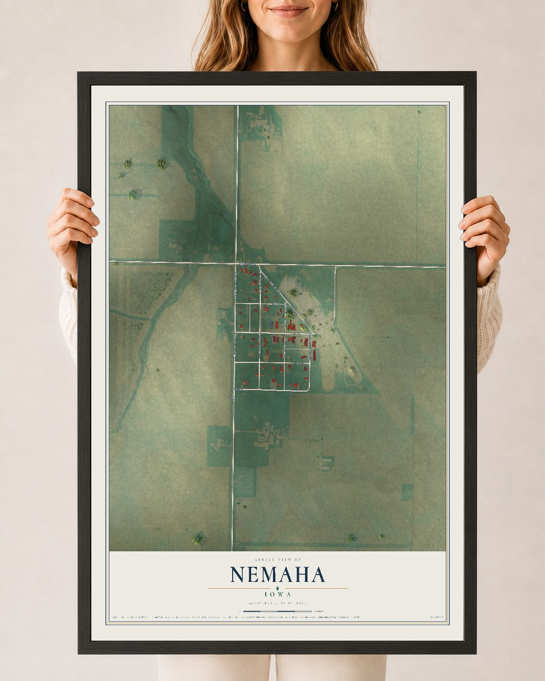 Map of Nemaha, Iowa, 24 x 36 inch print in a black wood frame