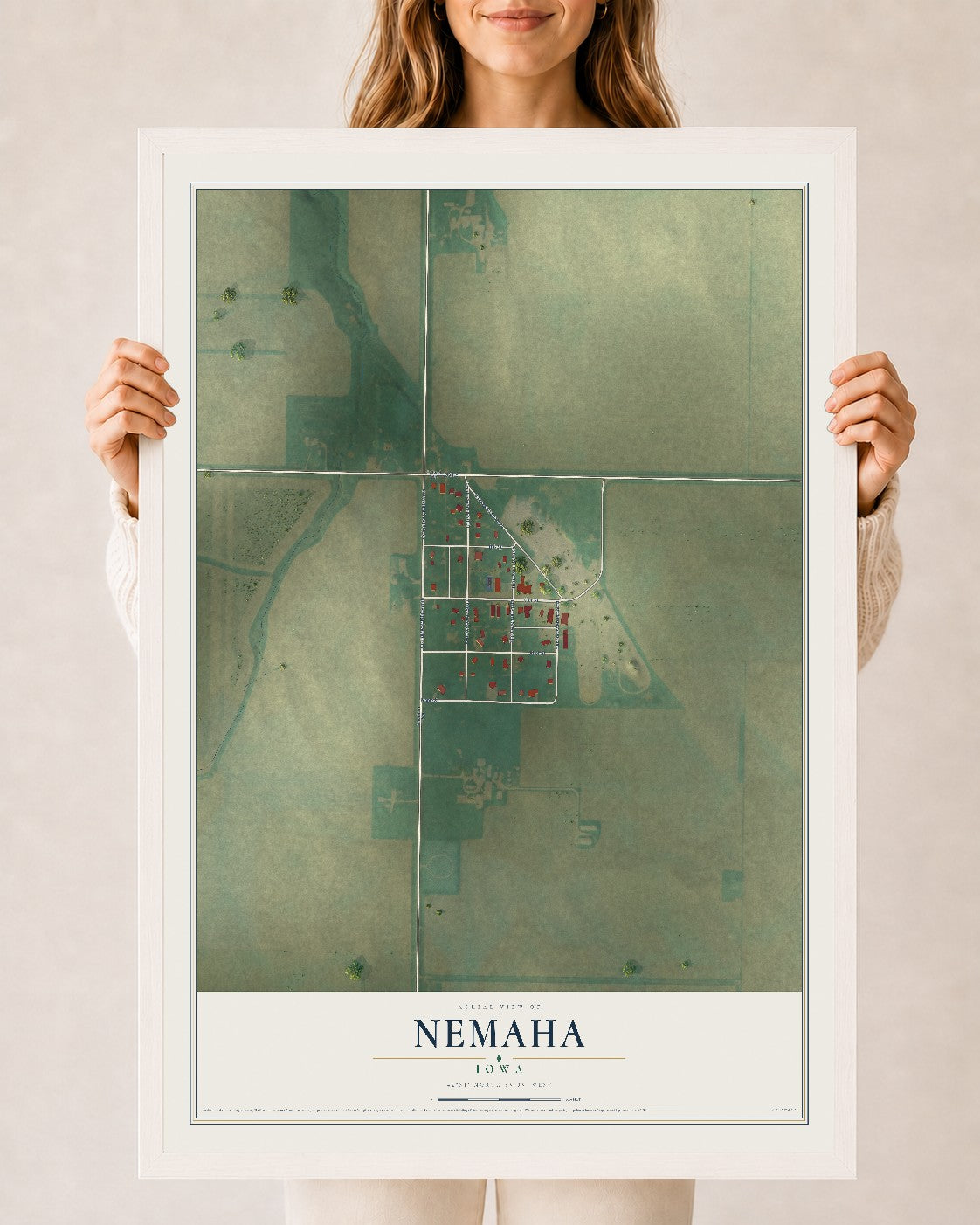 Map of Nemaha, Iowa, 24 x 36 inch print in a white wood frame