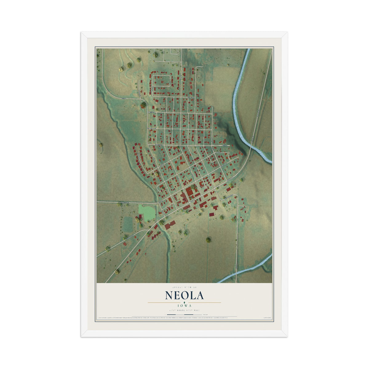 Map of Neola, Iowa, 12 x 18 inch print in a white wood frame