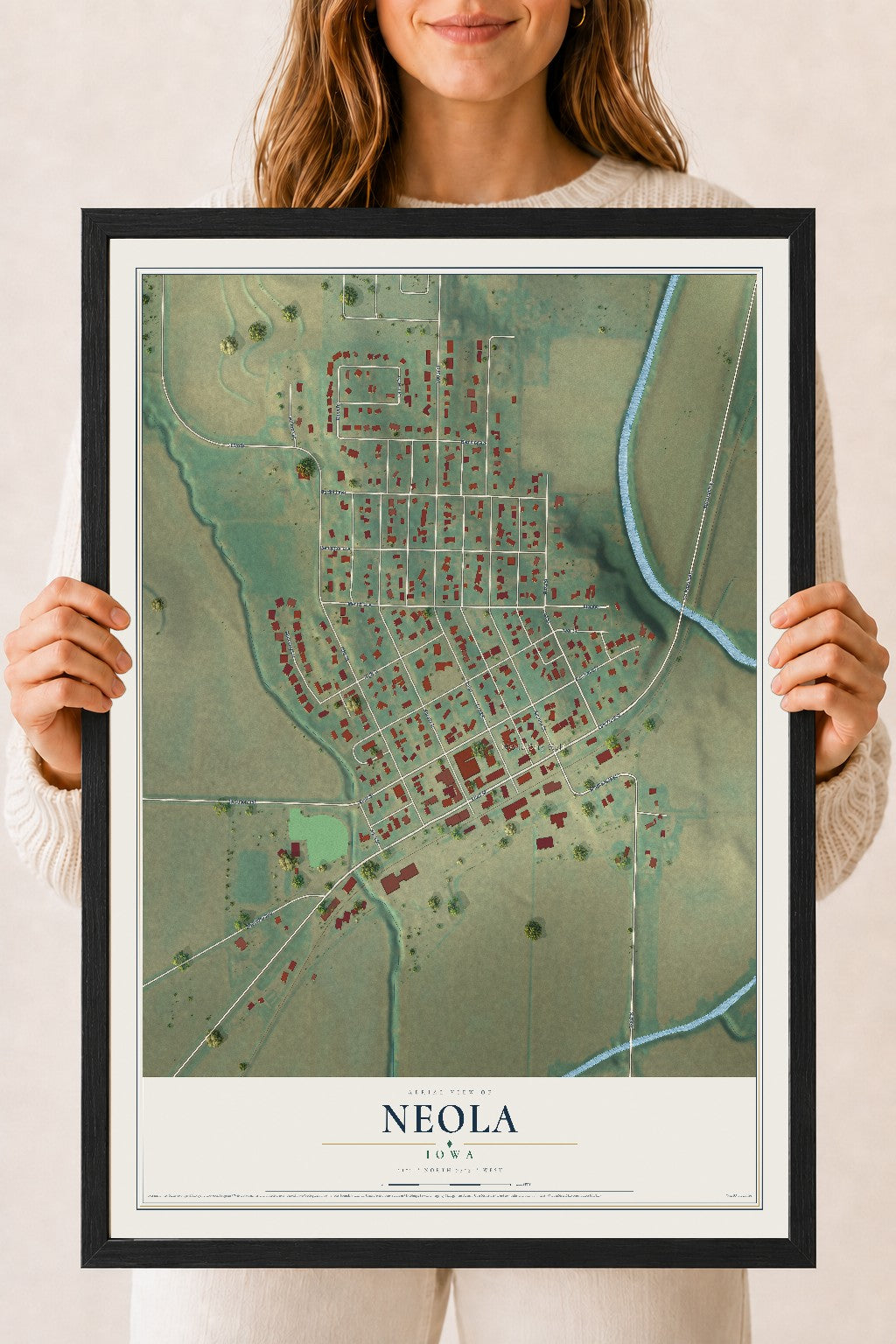 Map of Neola, Iowa, 18 x 24 inch print in a black wood frame