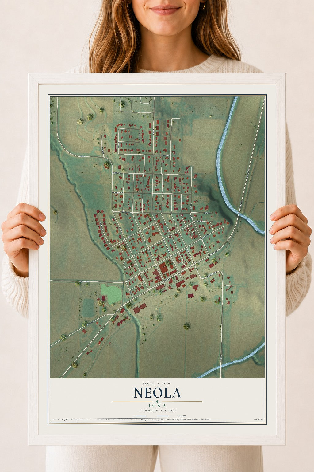 Map of Neola, Iowa, 18 x 24 inch print in a white wood frame