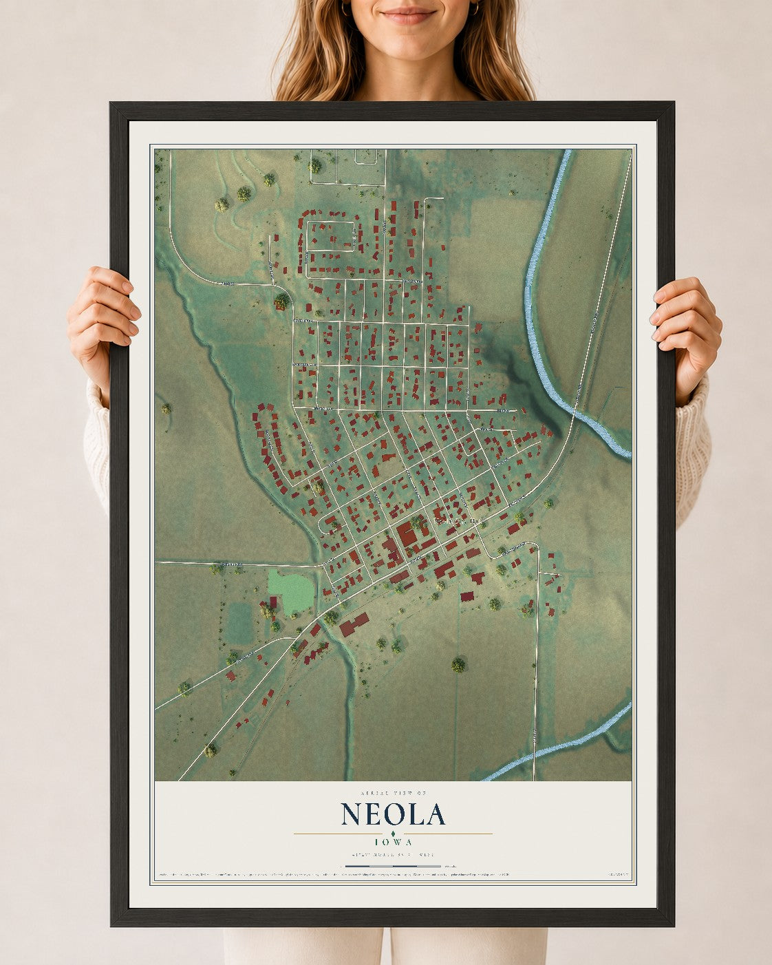 Map of Neola, Iowa, 24 x 36 inch print in a black wood frame