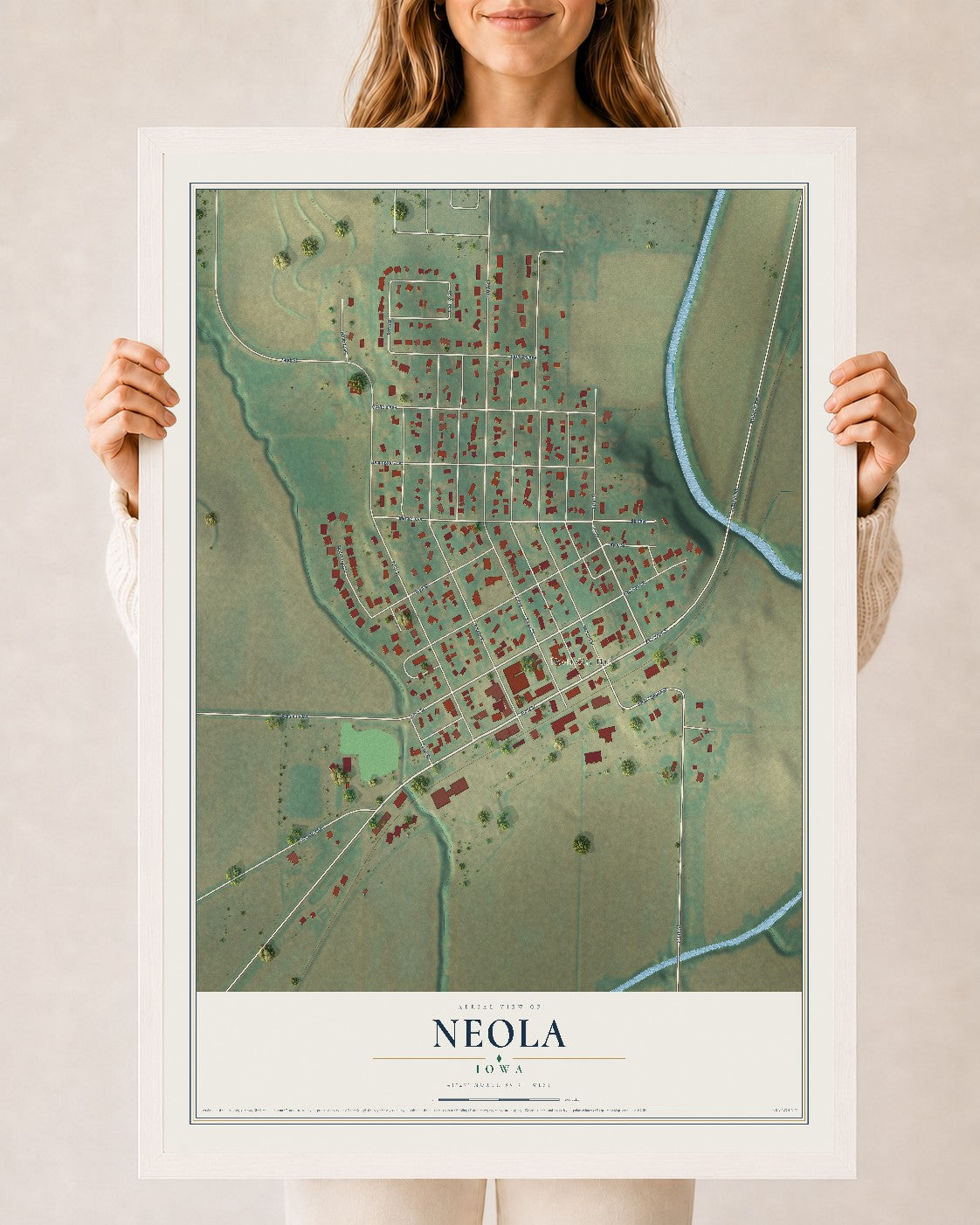 Map of Neola, Iowa, 24 x 36 inch print in a white wood frame
