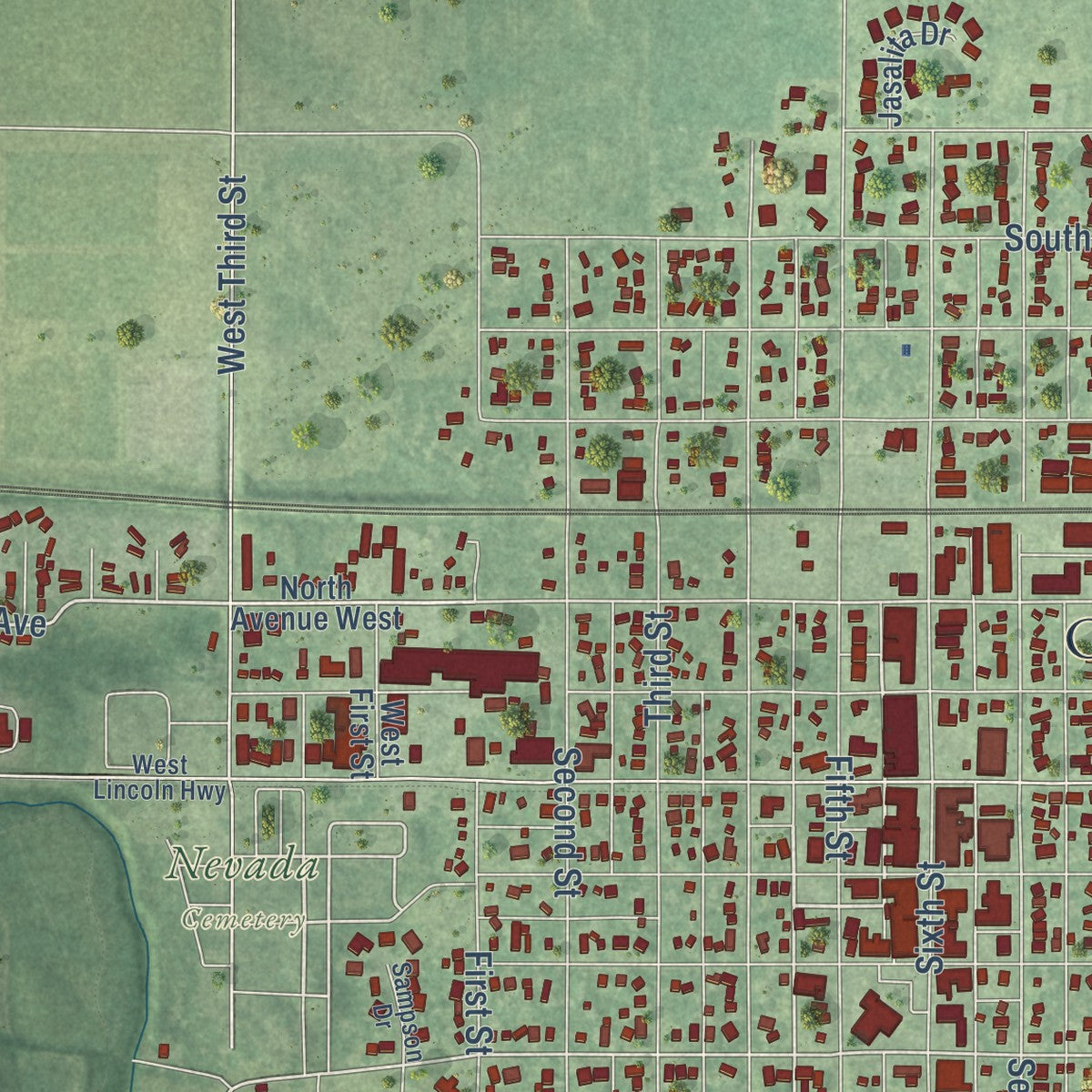 Close-up of the map of Nevada, Iowa print showing street and building detail