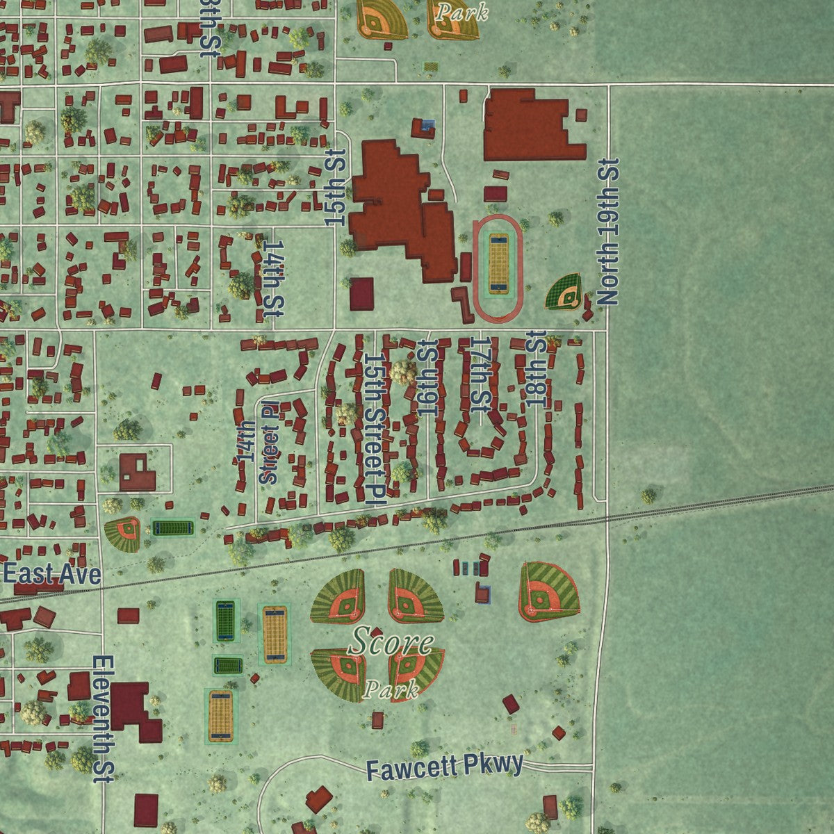 Second close-up of the map of Nevada, Iowa print showing more streets and buildings
