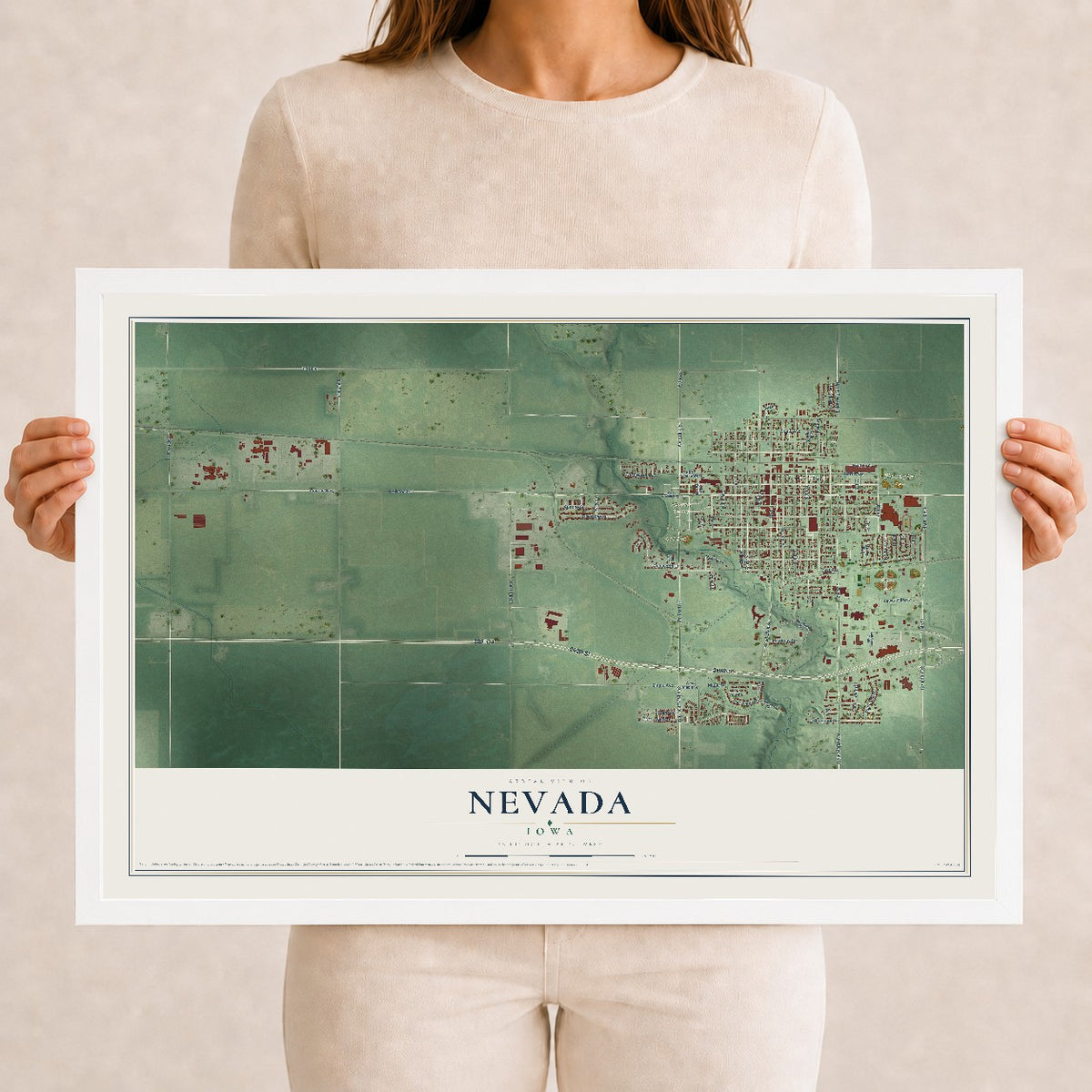 Map of Nevada, Iowa, 12 x 18 inch print in a white wood frame
