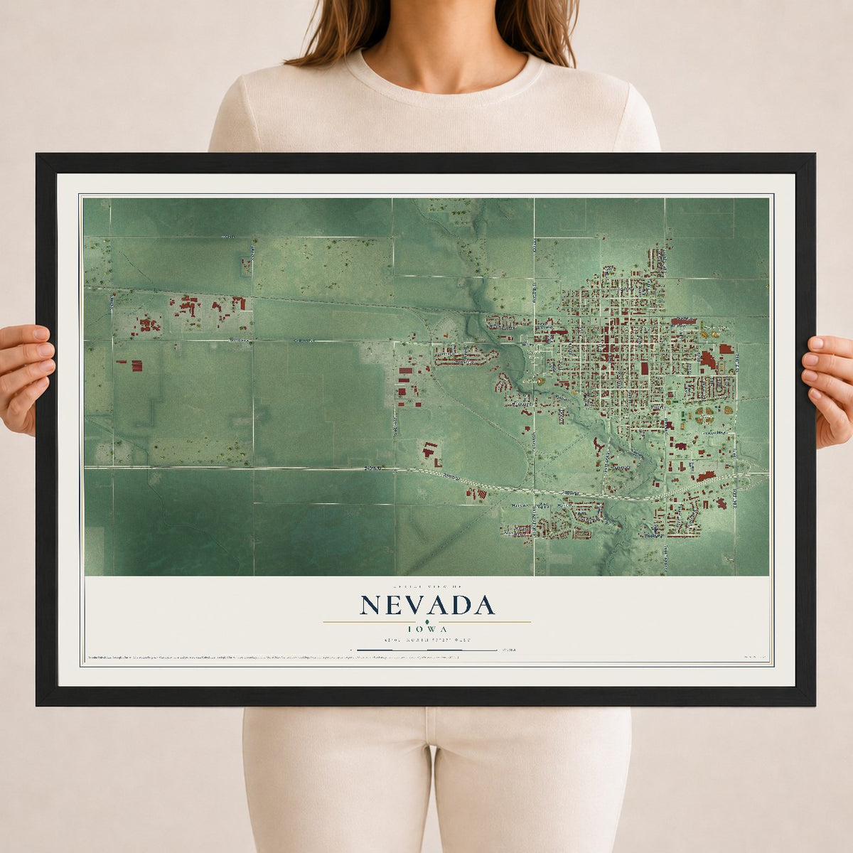 Map of Nevada, Iowa, 18 x 24 inch print in a black wood frame