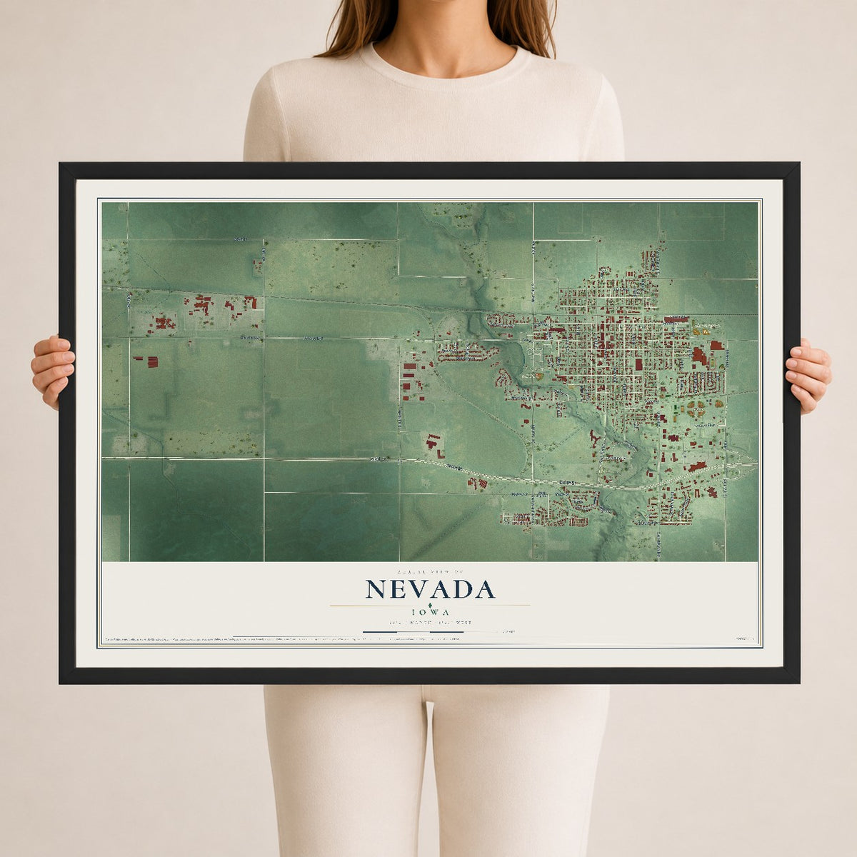 Map of Nevada, Iowa, 24 x 36 inch print in a black wood frame