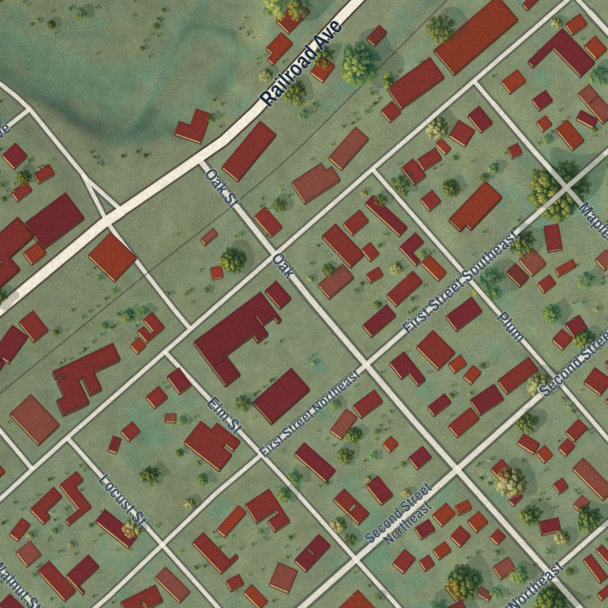 Close-up of the map of New Albin, Iowa print showing street and building detail