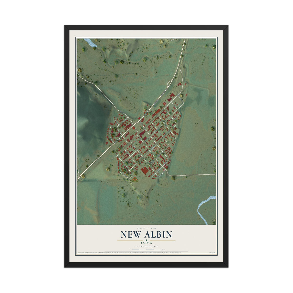 Map of New Albin, Iowa, 12 x 18 inch print in a black wood frame