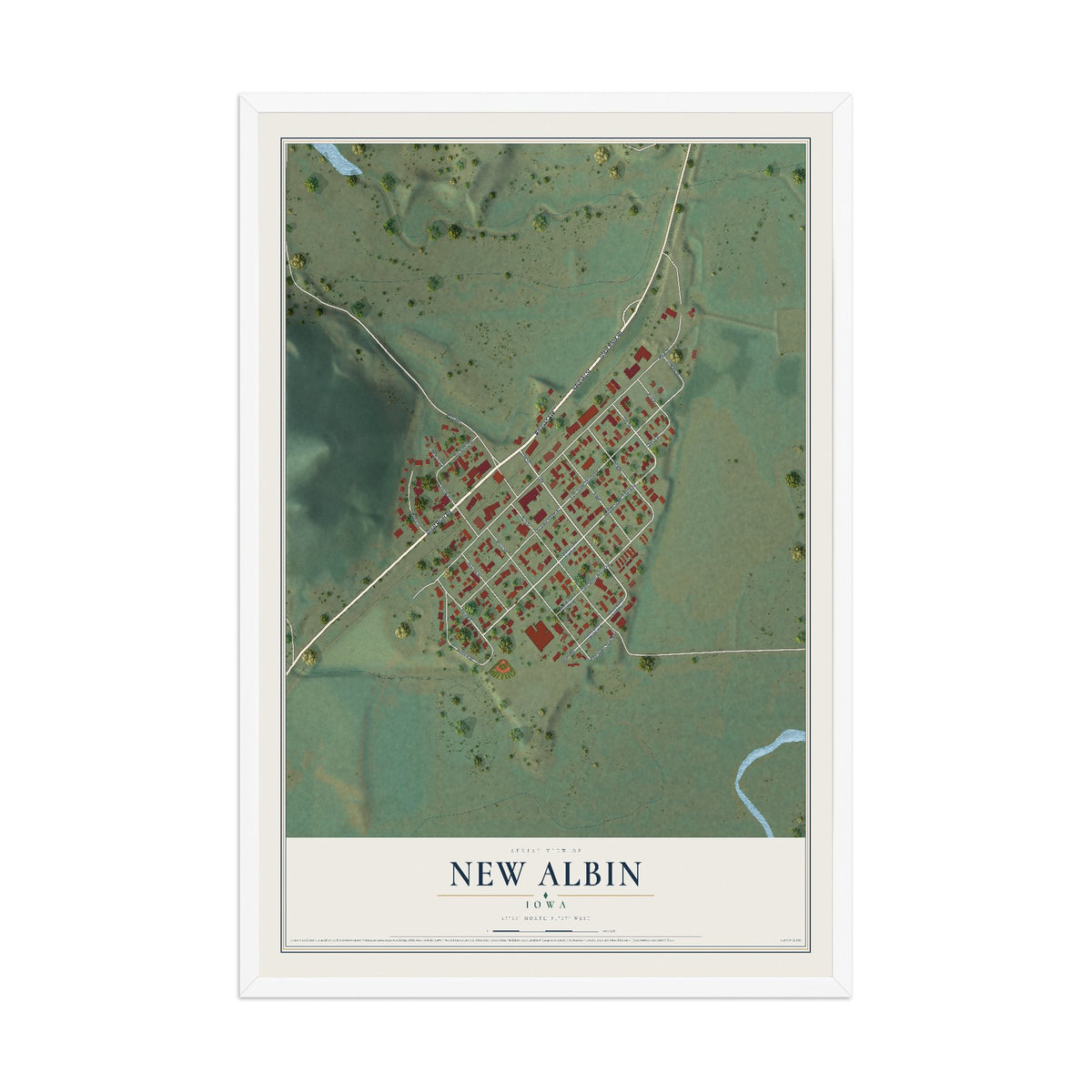 Map of New Albin, Iowa, 12 x 18 inch print in a white wood frame