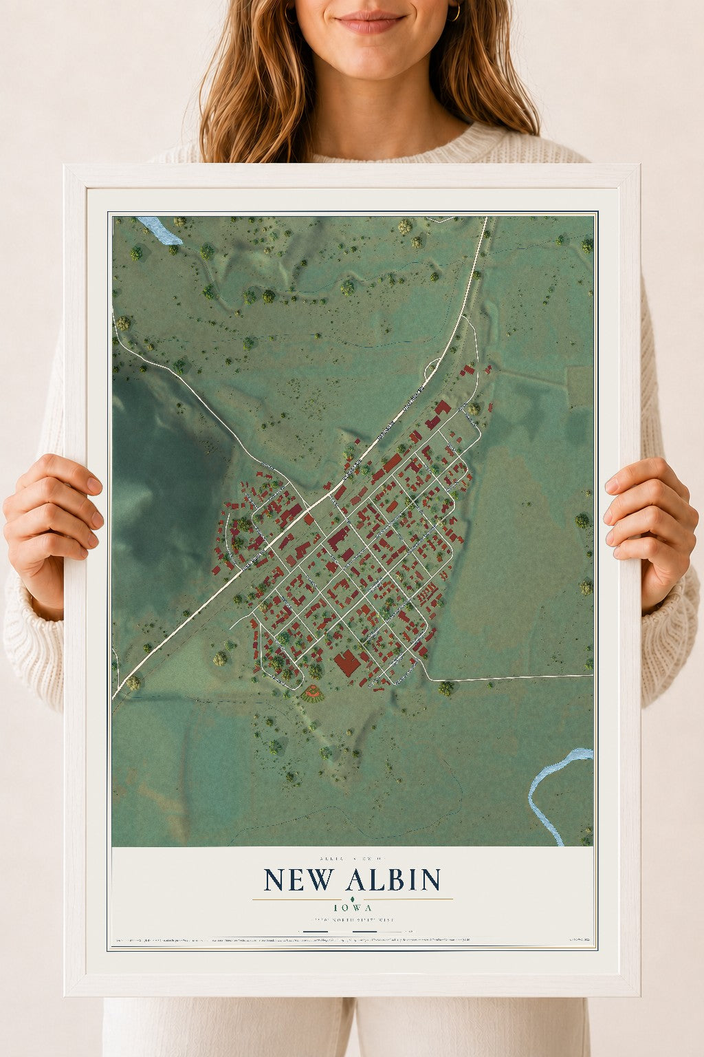 Map of New Albin, Iowa, 18 x 24 inch print in a white wood frame