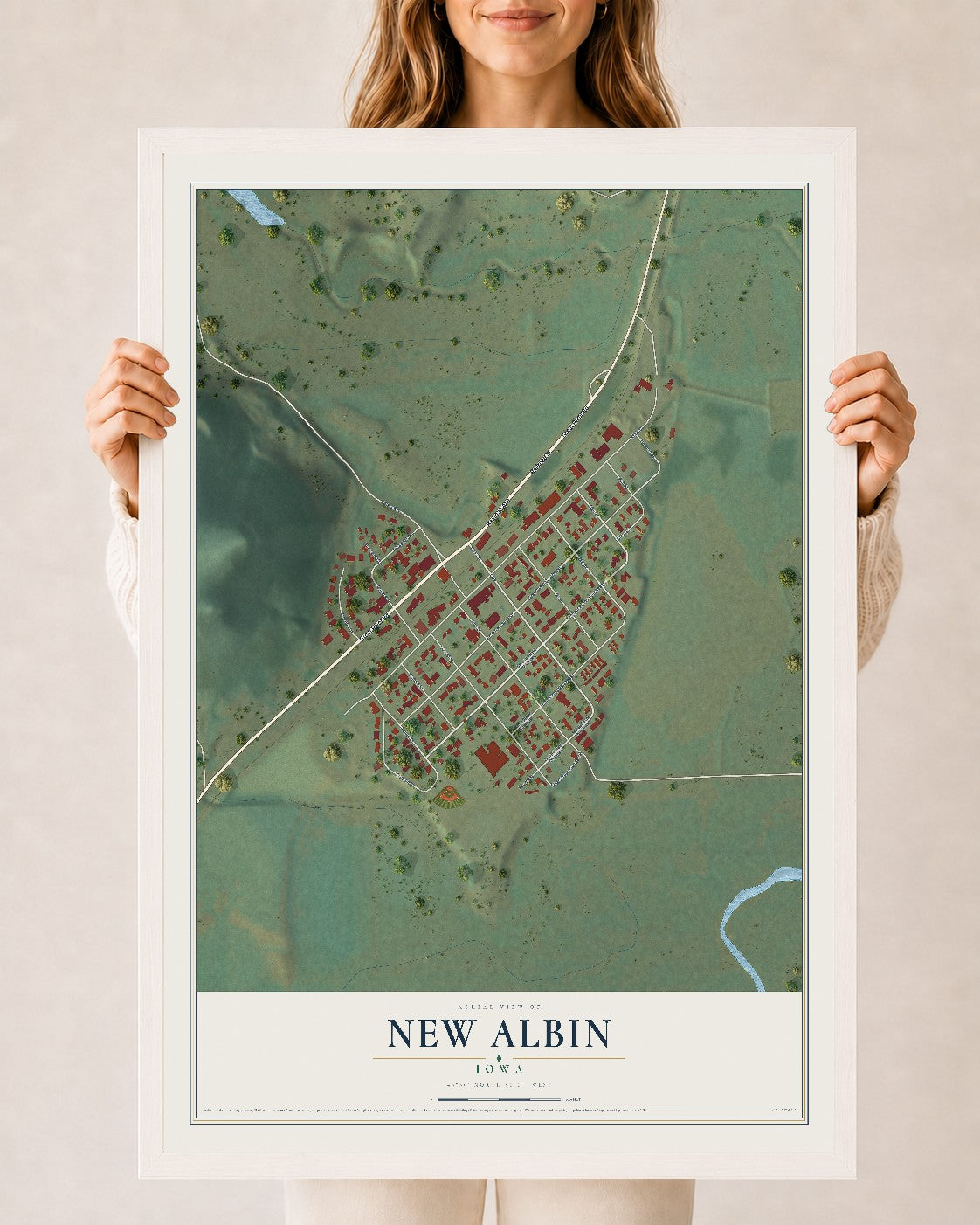 Map of New Albin, Iowa, 24 x 36 inch print in a white wood frame
