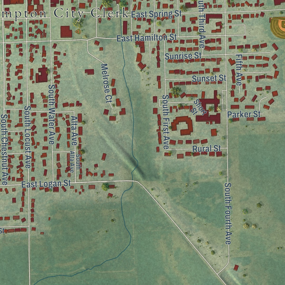 Second close-up of the map of New Hampton, Iowa print showing more streets and buildings
