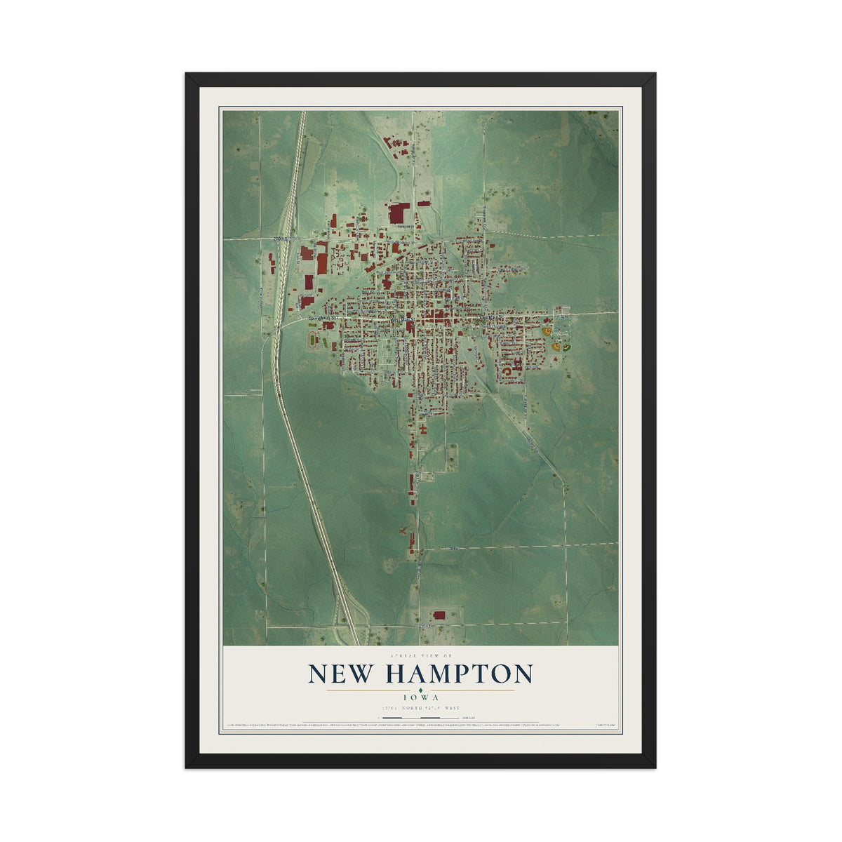 Map of New Hampton, Iowa, 12 x 18 inch print in a black wood frame