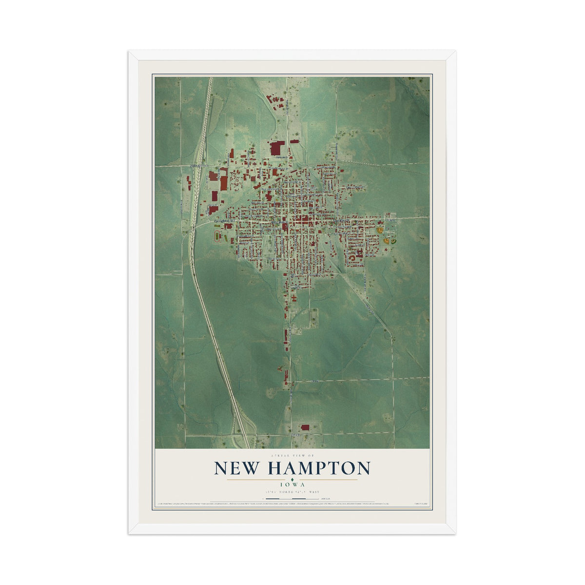 Map of New Hampton, Iowa, 12 x 18 inch print in a white wood frame