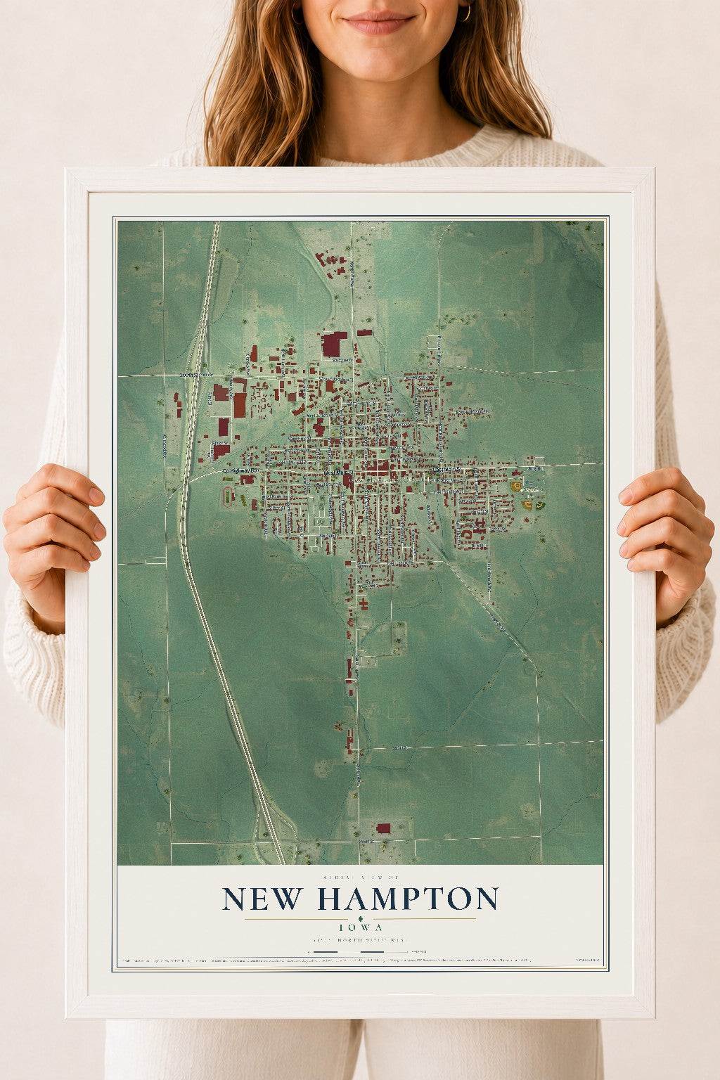 Map of New Hampton, Iowa, 18 x 24 inch print in a white wood frame