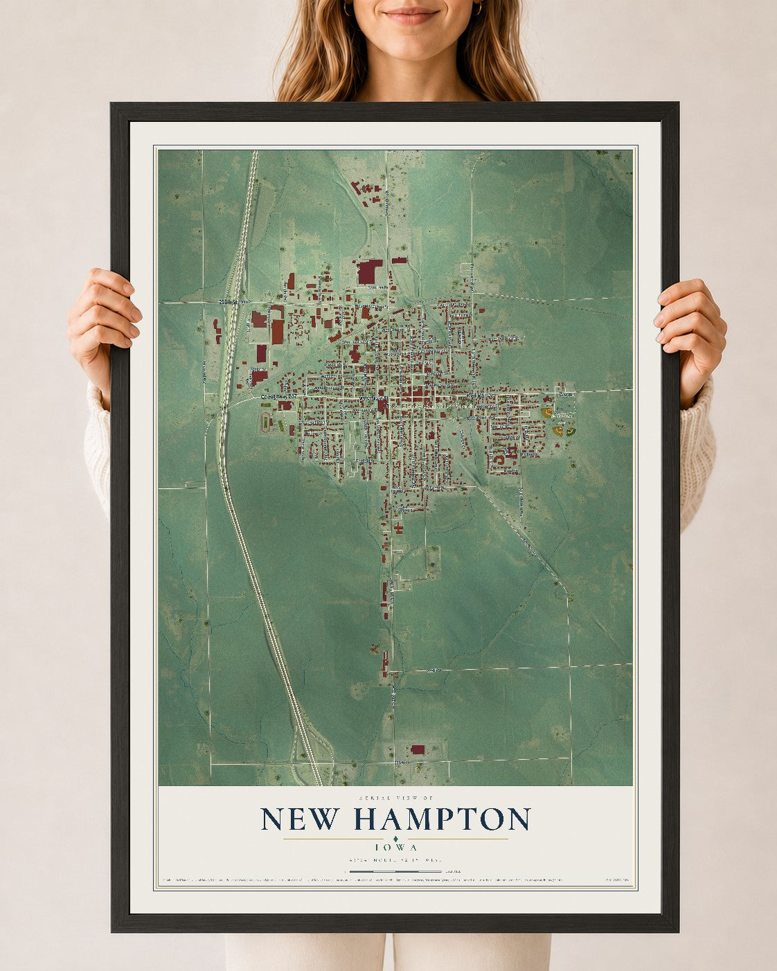 Map of New Hampton, Iowa, 24 x 36 inch print in a black wood frame