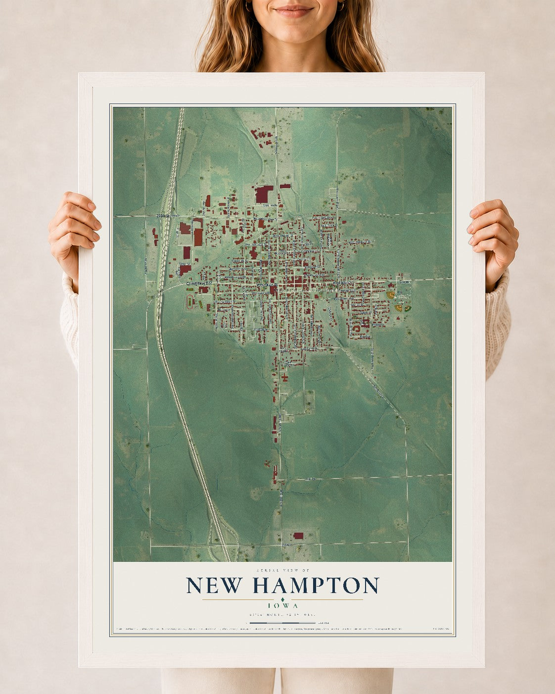 Map of New Hampton, Iowa, 24 x 36 inch print in a white wood frame
