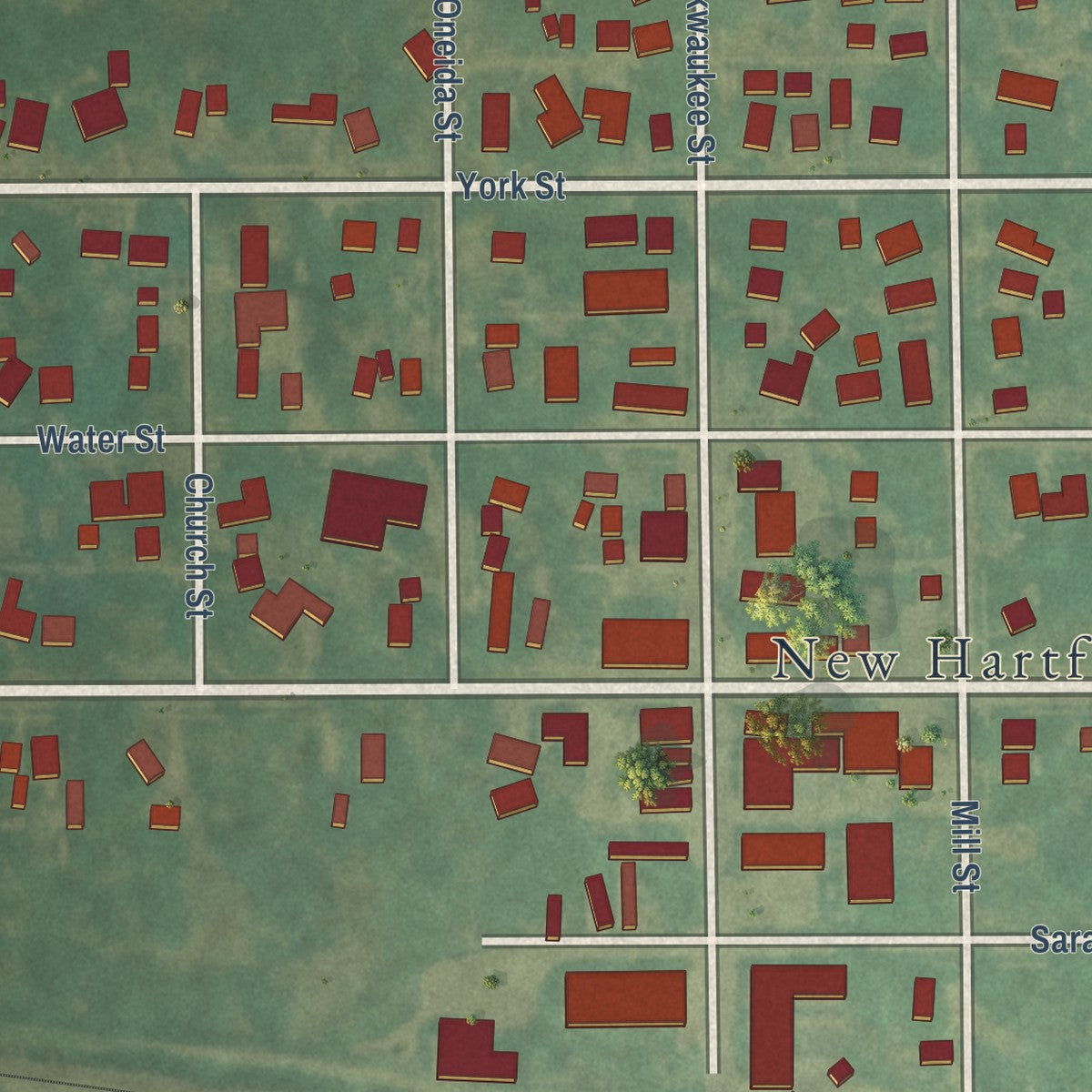 Close-up of the map of New Hartford, Iowa print showing street and building detail