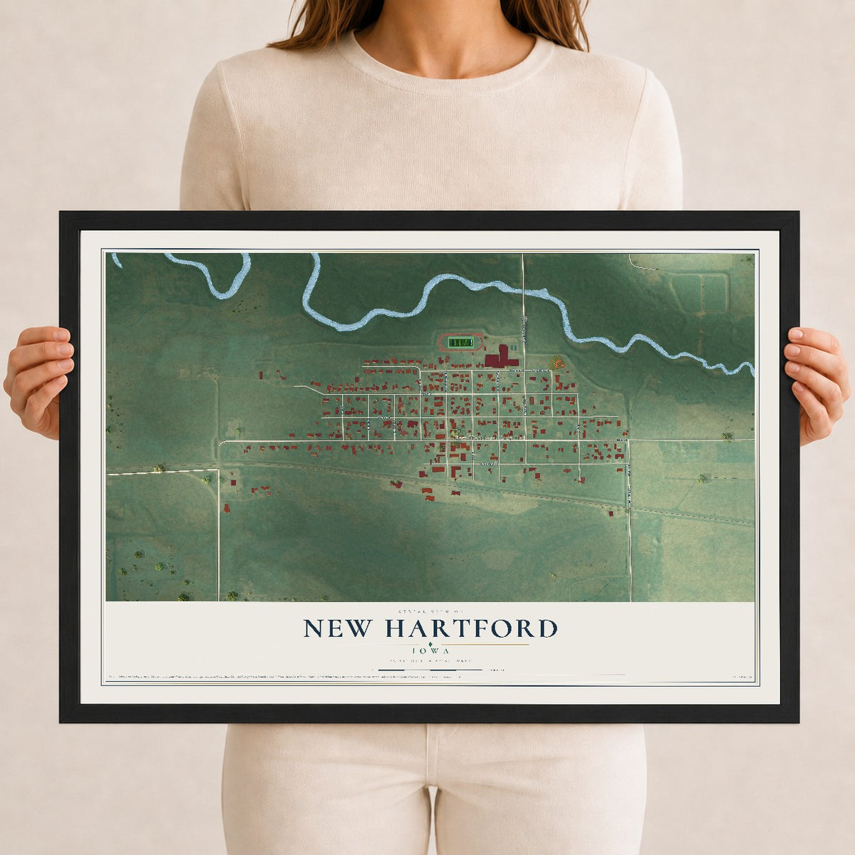 Map of New Hartford, Iowa, 12 x 18 inch print in a black wood frame