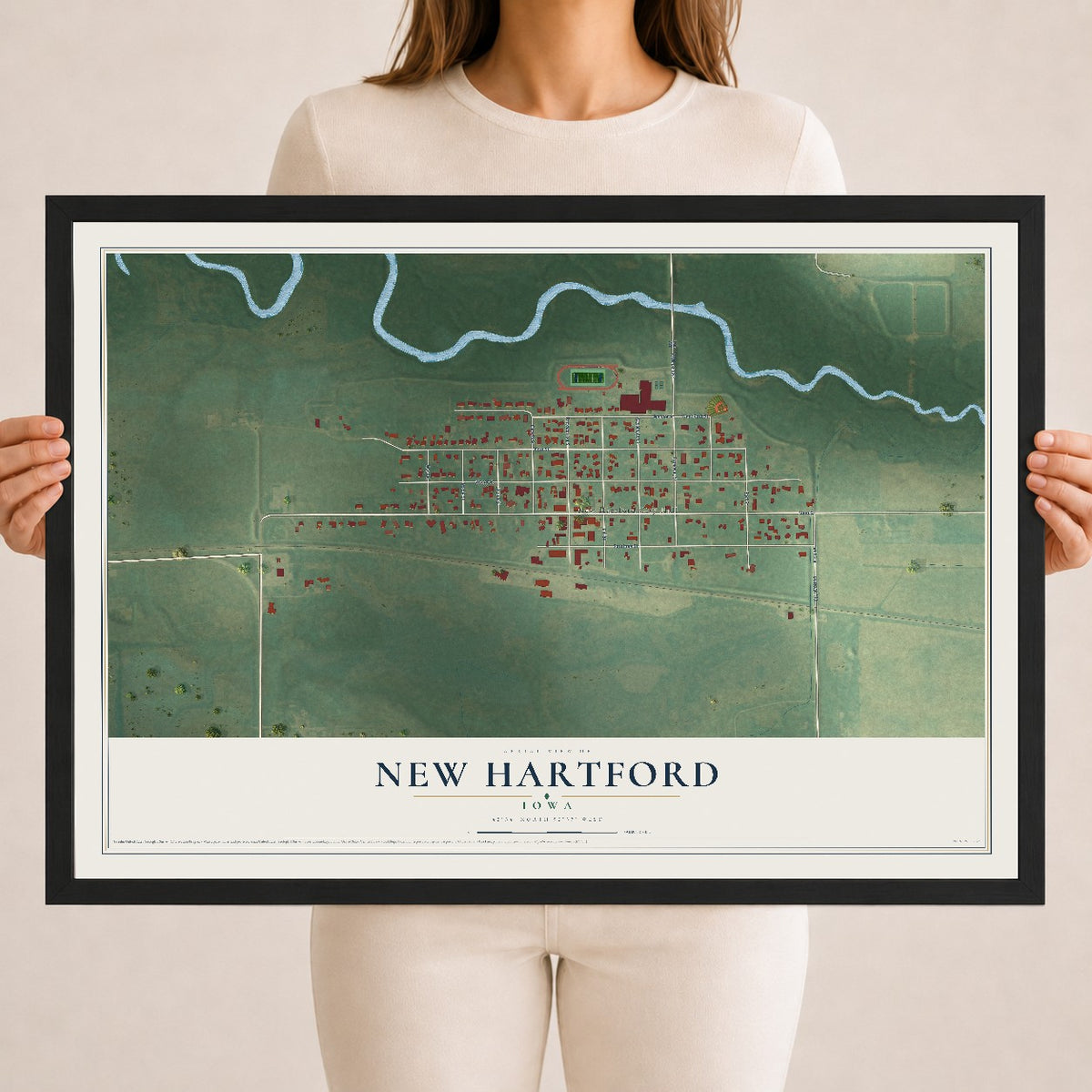 Map of New Hartford, Iowa, 18 x 24 inch print in a black wood frame