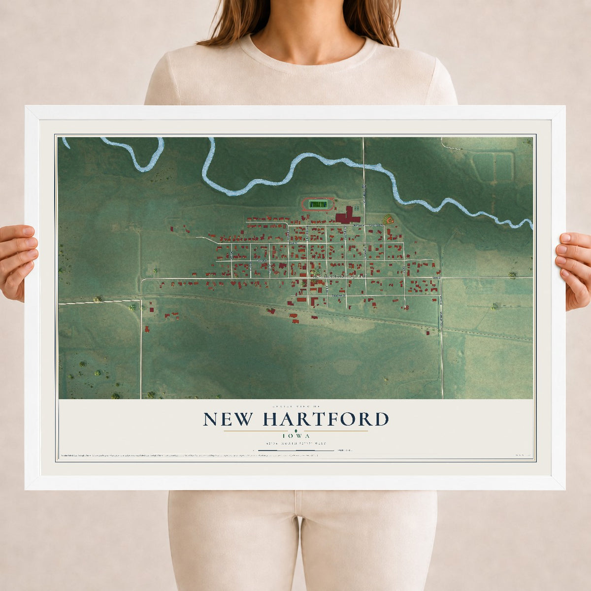Map of New Hartford, Iowa, 18 x 24 inch print in a white wood frame