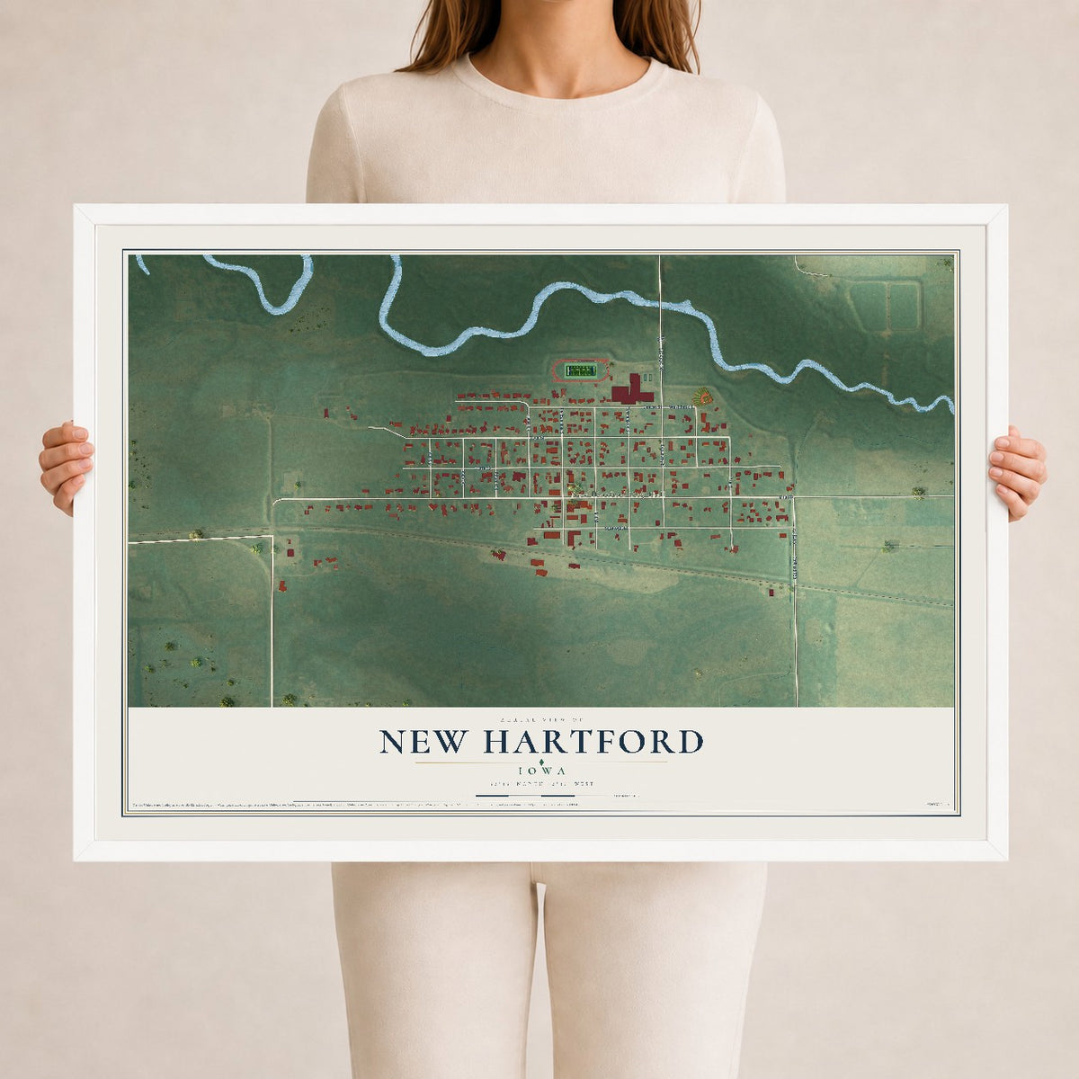 Map of New Hartford, Iowa, 24 x 36 inch print in a white wood frame