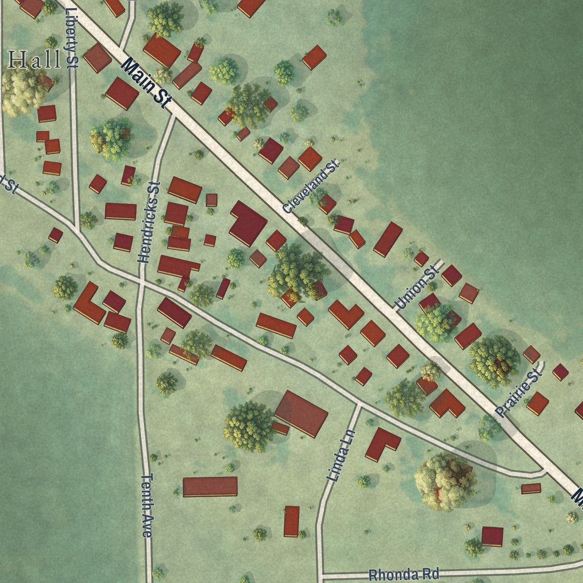 Close-up of the map of New Liberty, Iowa print showing street and building detail