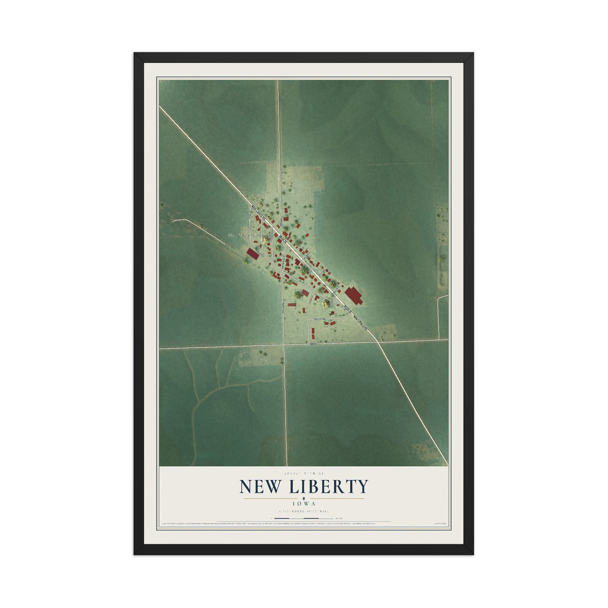 Map of New Liberty, Iowa, 12 x 18 inch print in a black wood frame