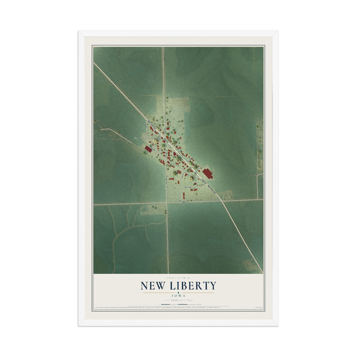 Map of New Liberty, Iowa, 12 x 18 inch print in a white wood frame
