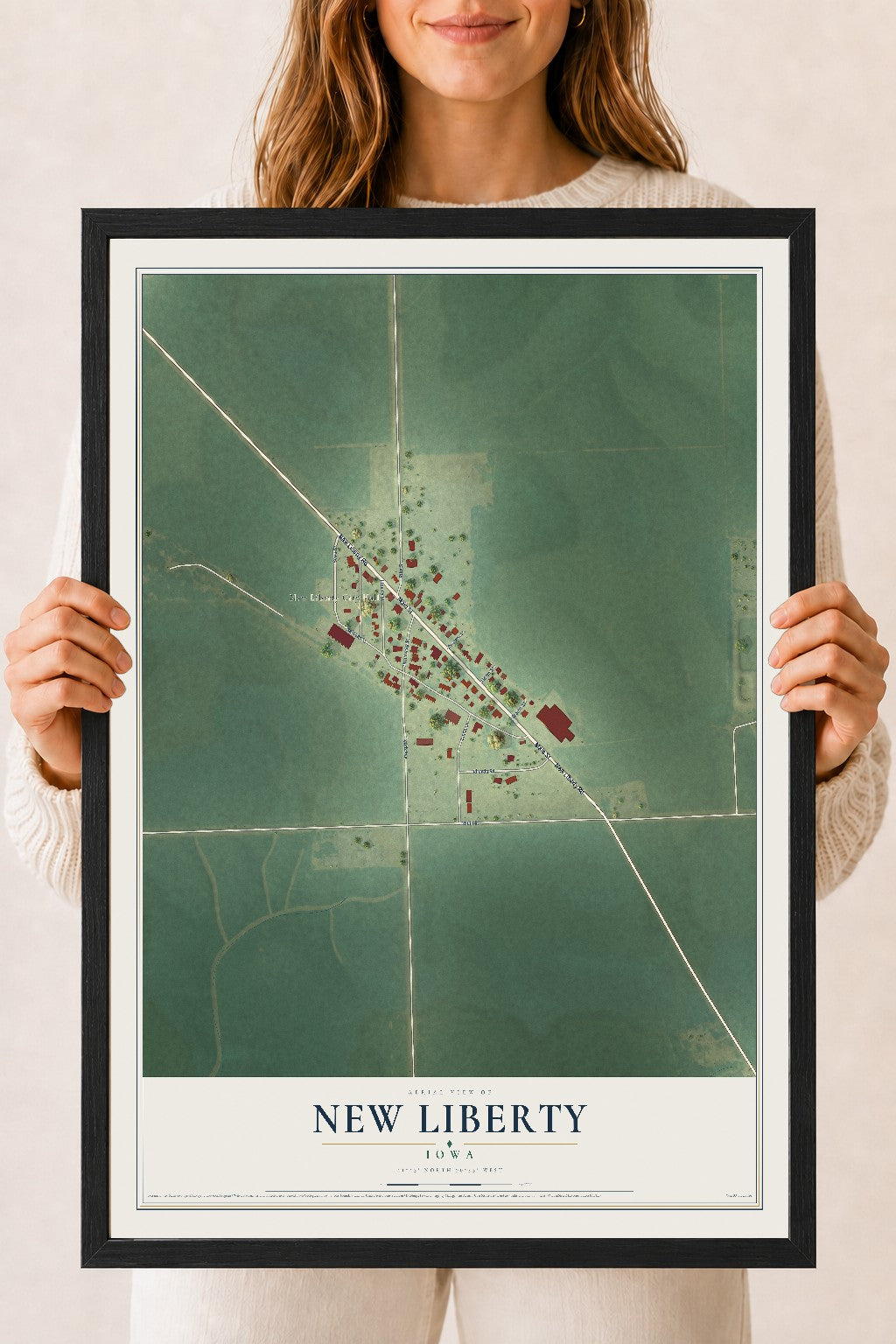 Map of New Liberty, Iowa, 18 x 24 inch print in a black wood frame