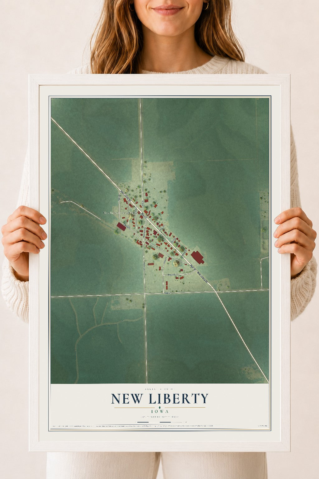 Map of New Liberty, Iowa, 18 x 24 inch print in a white wood frame