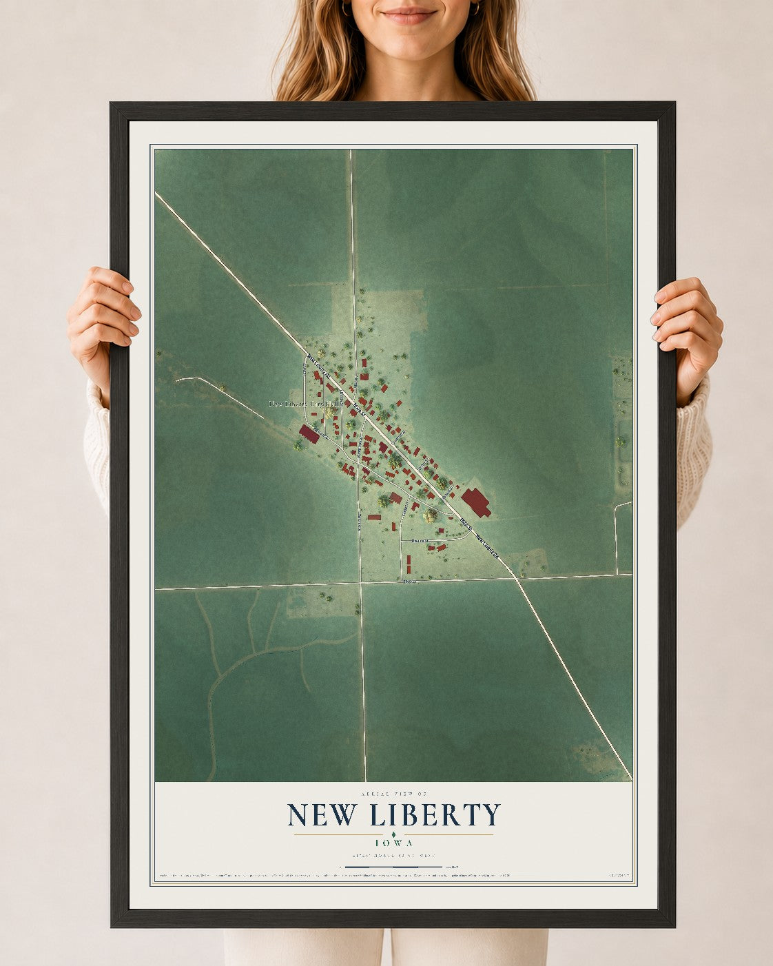 Map of New Liberty, Iowa, 24 x 36 inch print in a black wood frame