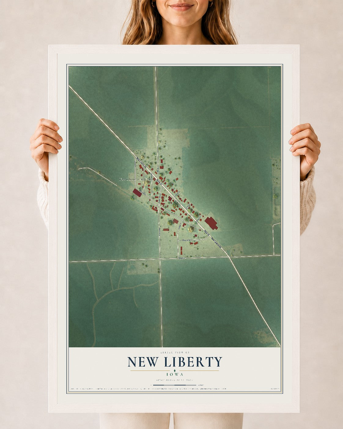 Map of New Liberty, Iowa, 24 x 36 inch print in a white wood frame