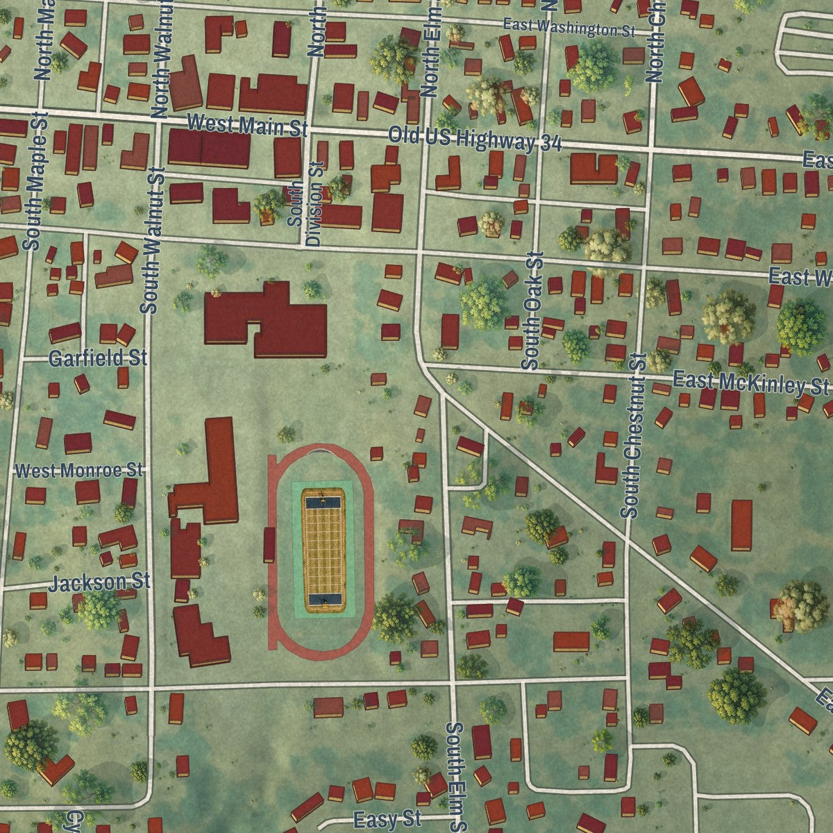 Close-up of the map of New London, Iowa print showing street and building detail