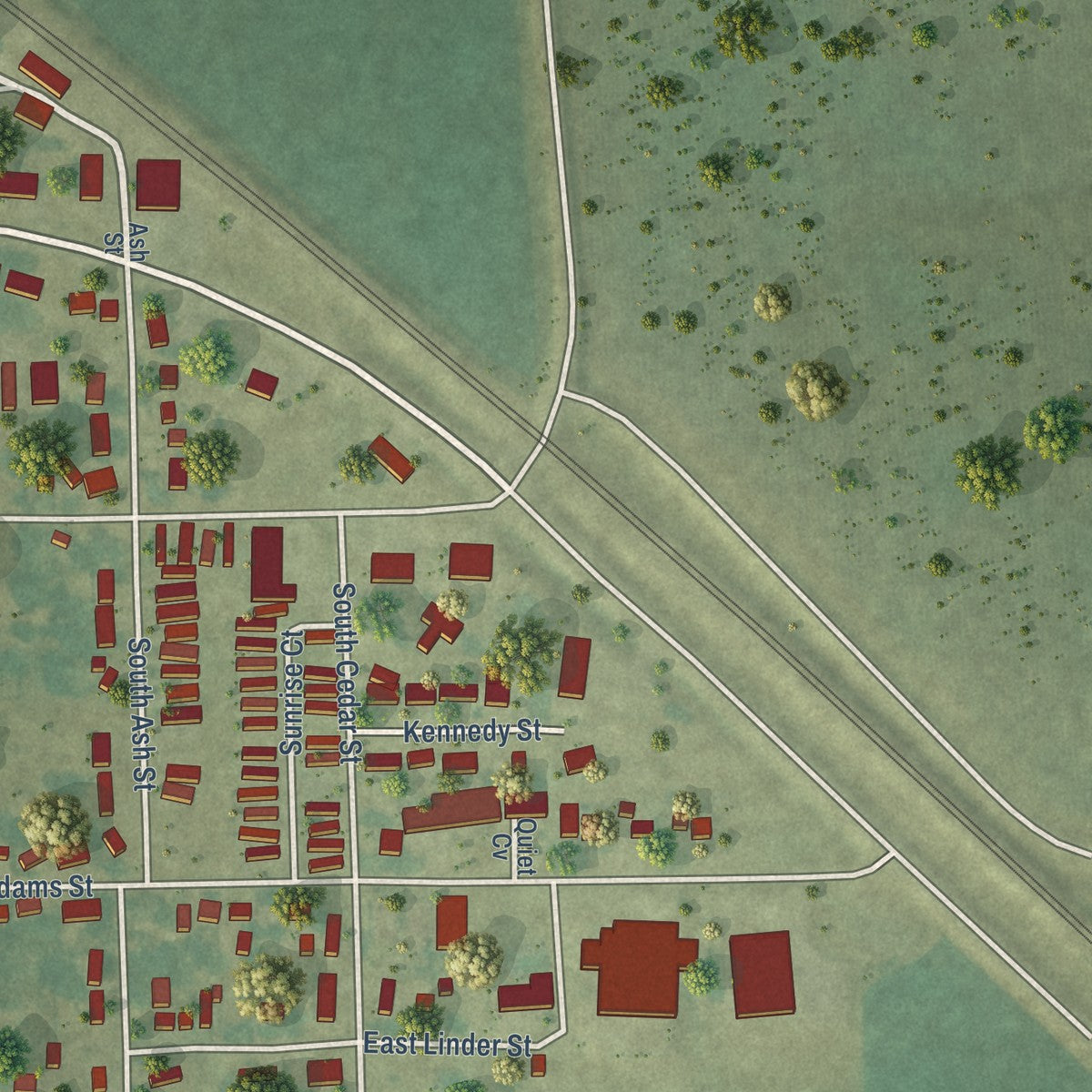 Second close-up of the map of New London, Iowa print showing more streets and buildings