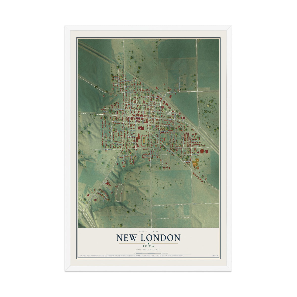 Map of New London, Iowa, 12 x 18 inch print in a white wood frame