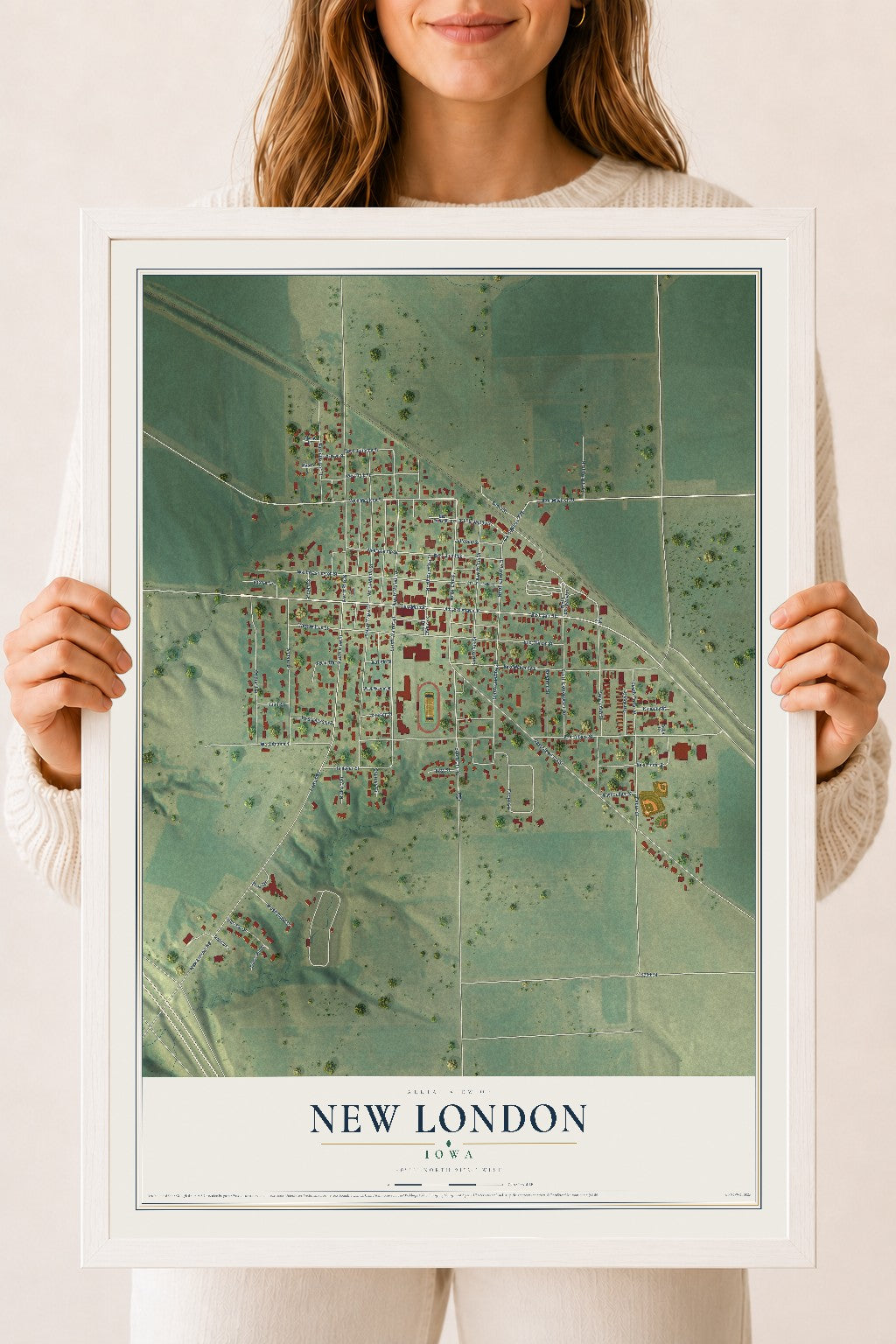 Map of New London, Iowa, 18 x 24 inch print in a white wood frame