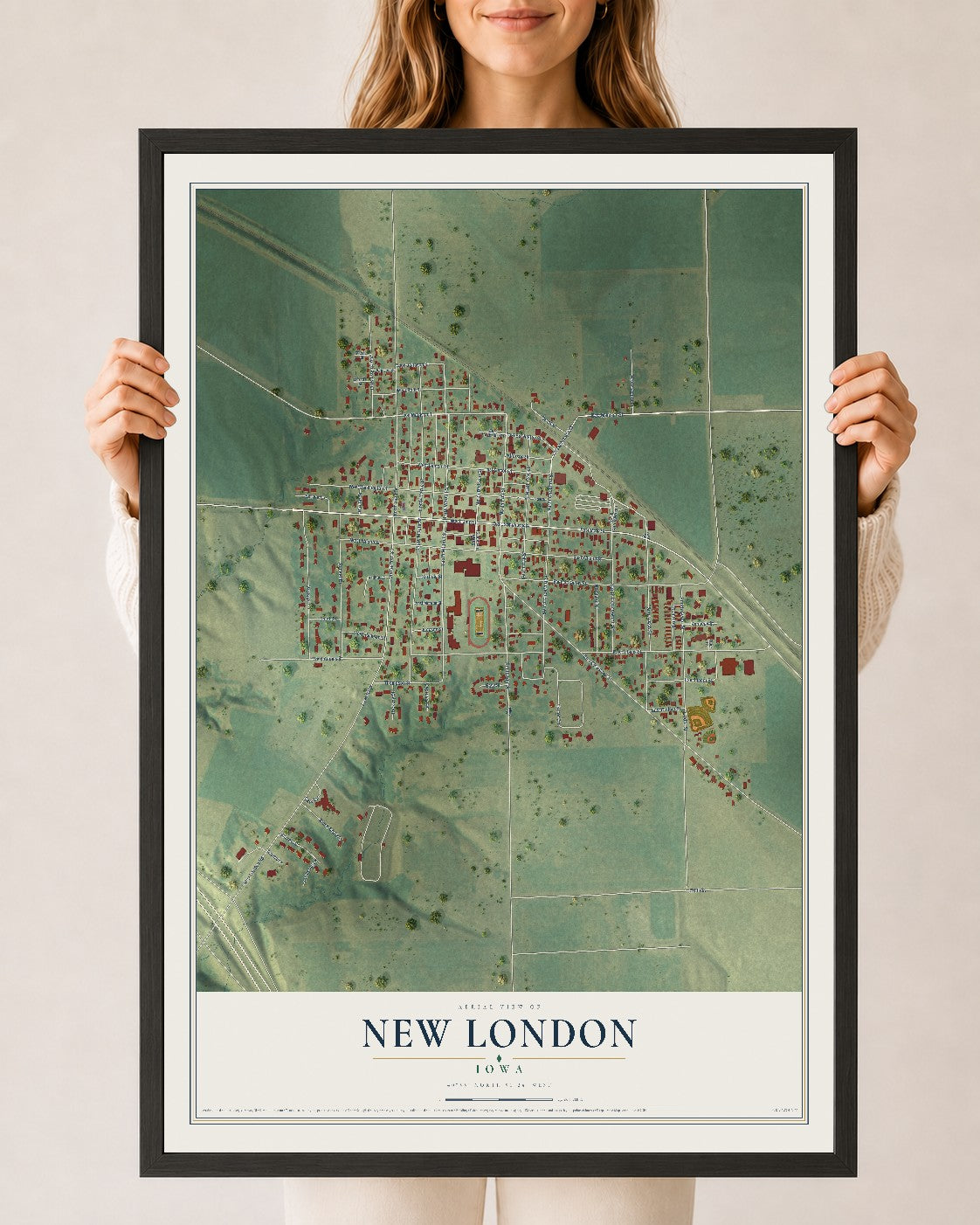 Map of New London, Iowa, 24 x 36 inch print in a black wood frame