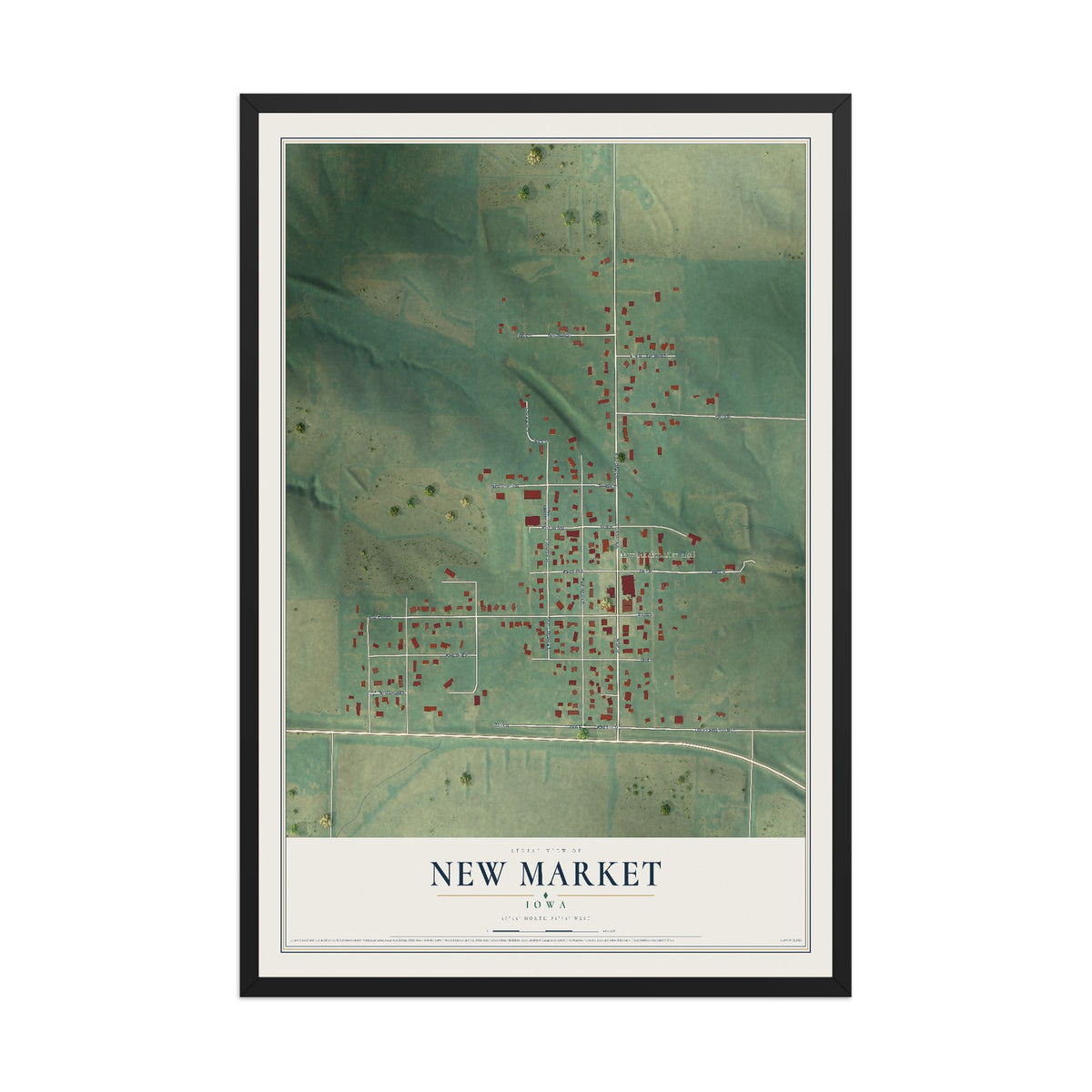 Map of New Market, Iowa, 12 x 18 inch print in a black wood frame