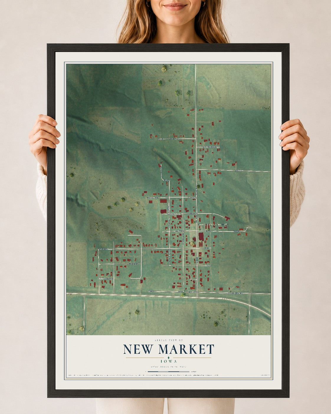 Map of New Market, Iowa, 24 x 36 inch print in a black wood frame