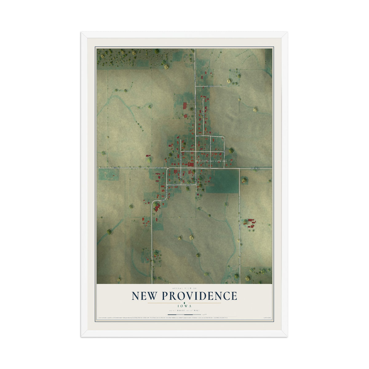Map of New Providence, Iowa, 12 x 18 inch print in a white wood frame