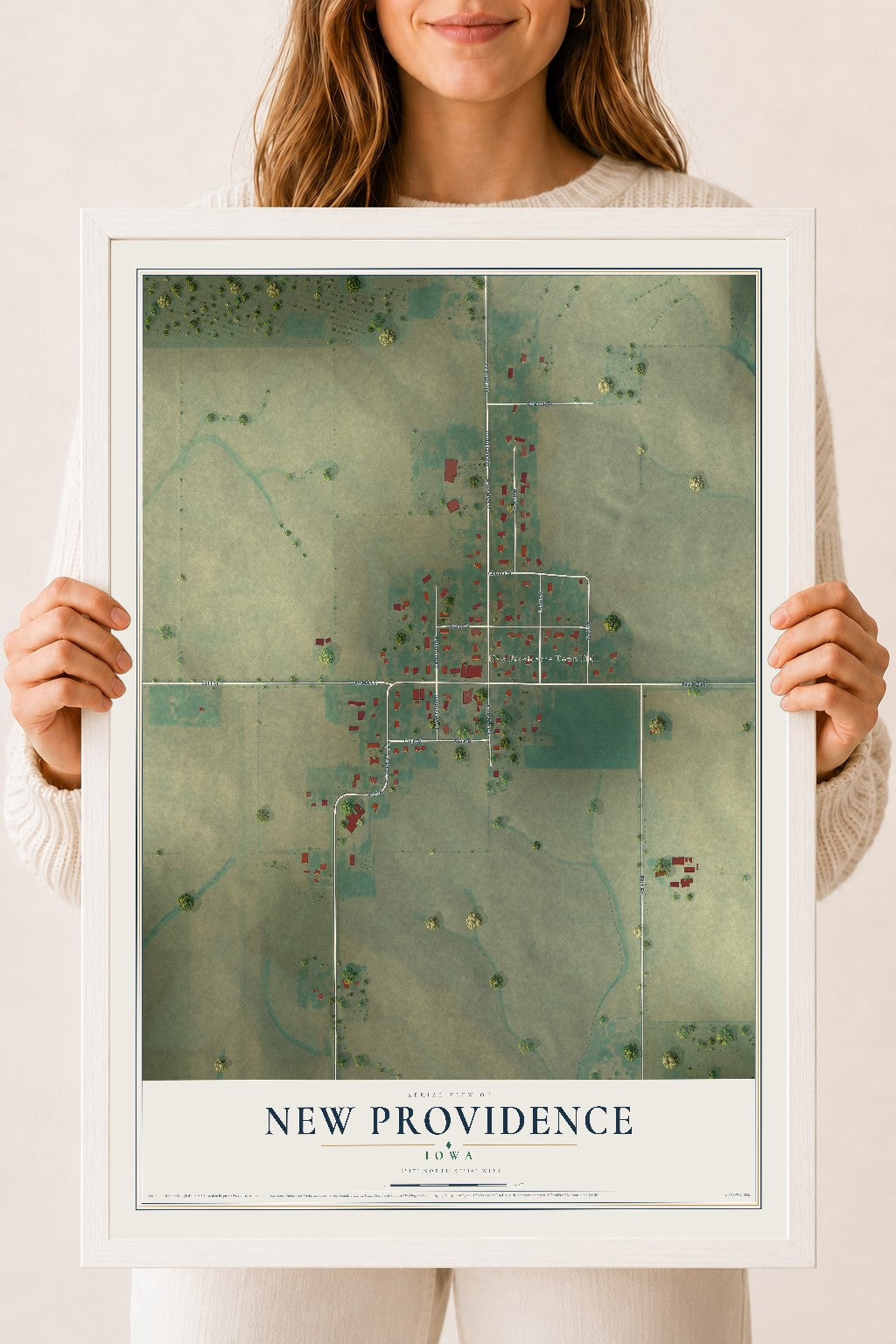 Map of New Providence, Iowa, 18 x 24 inch print in a white wood frame