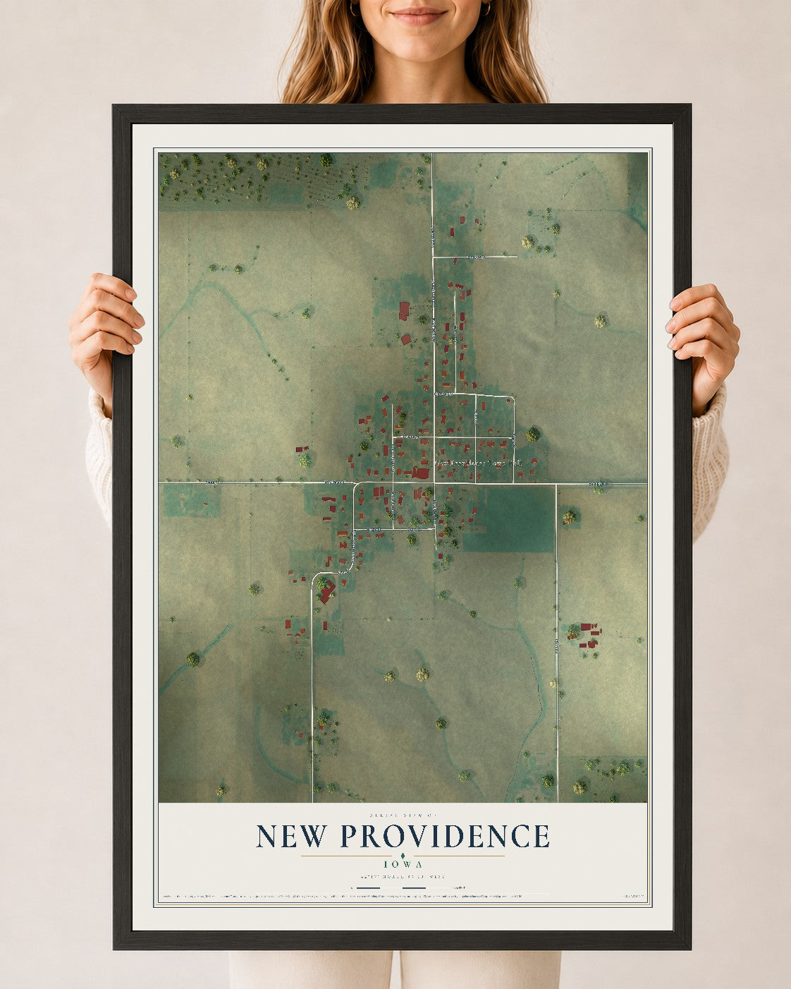 Map of New Providence, Iowa, 24 x 36 inch print in a black wood frame