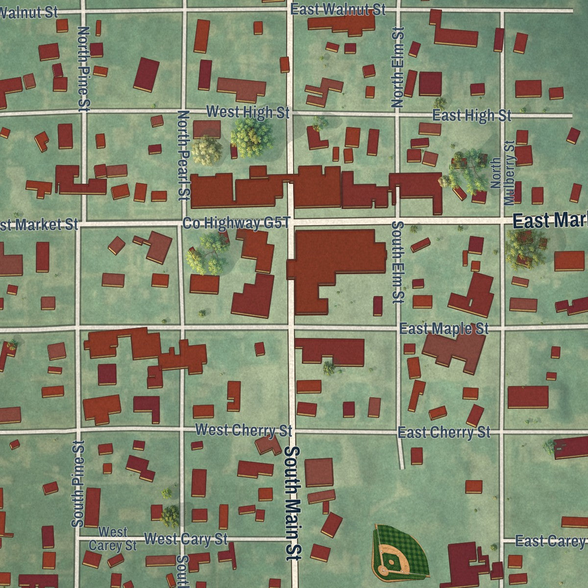 Close-up of the map of New Sharon, Iowa print showing street and building detail